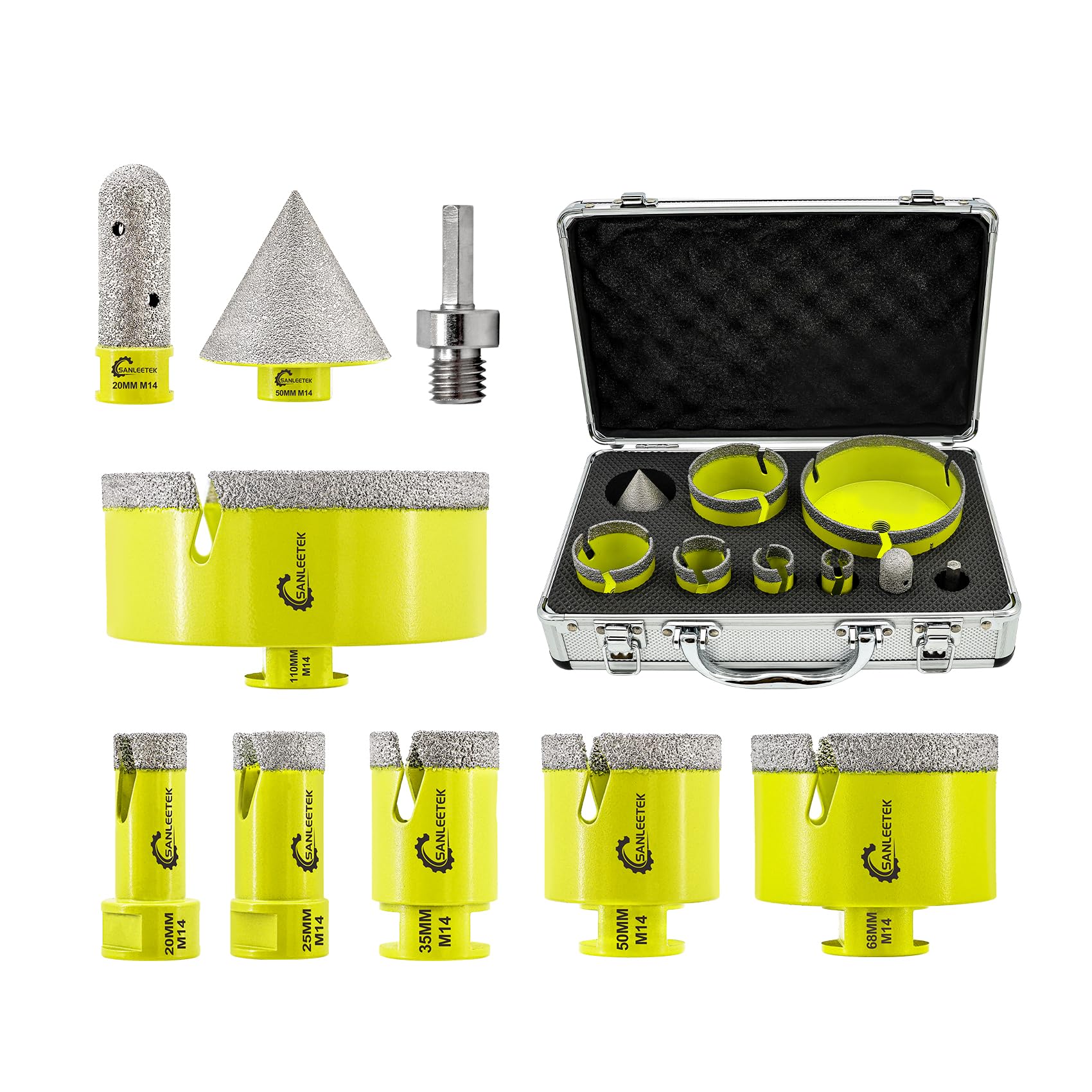 Diamond Core Drill Bits Set - SANLEETEK 9pcs Hole Saw Kit (20/25/35/50/68/110mm+20mm Finger Bit+50mm Beveling Chamfer Bit+Hex Adapter) for Tile Porcelain Ceramic Marble Granite with M14 Thread