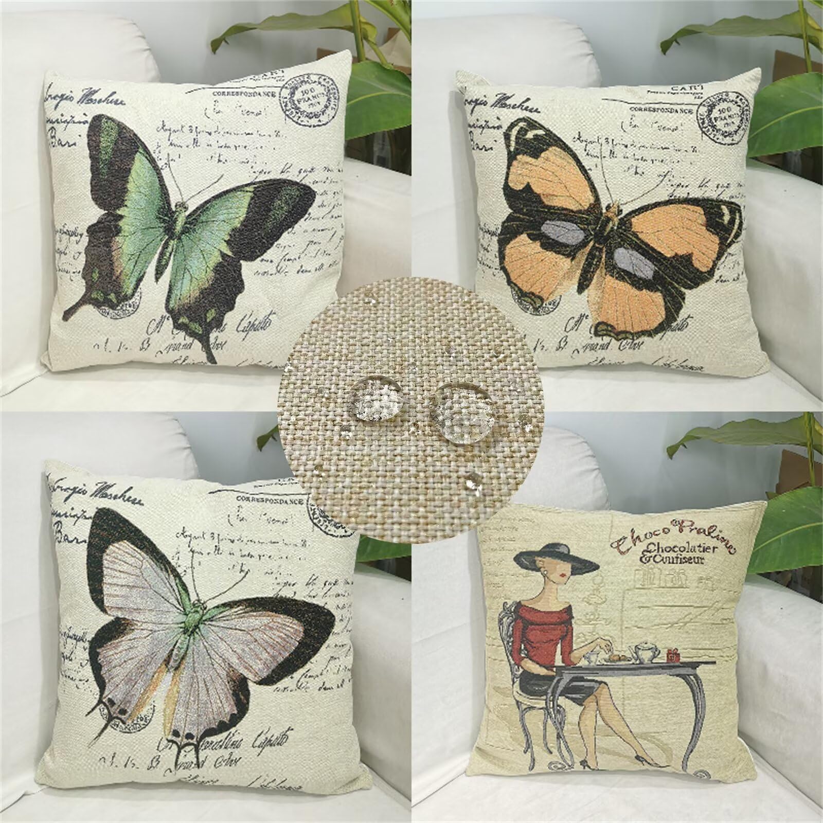 Housses de coussin 35x35 cm lot de 4 en lin étanche au motif papillon vintage