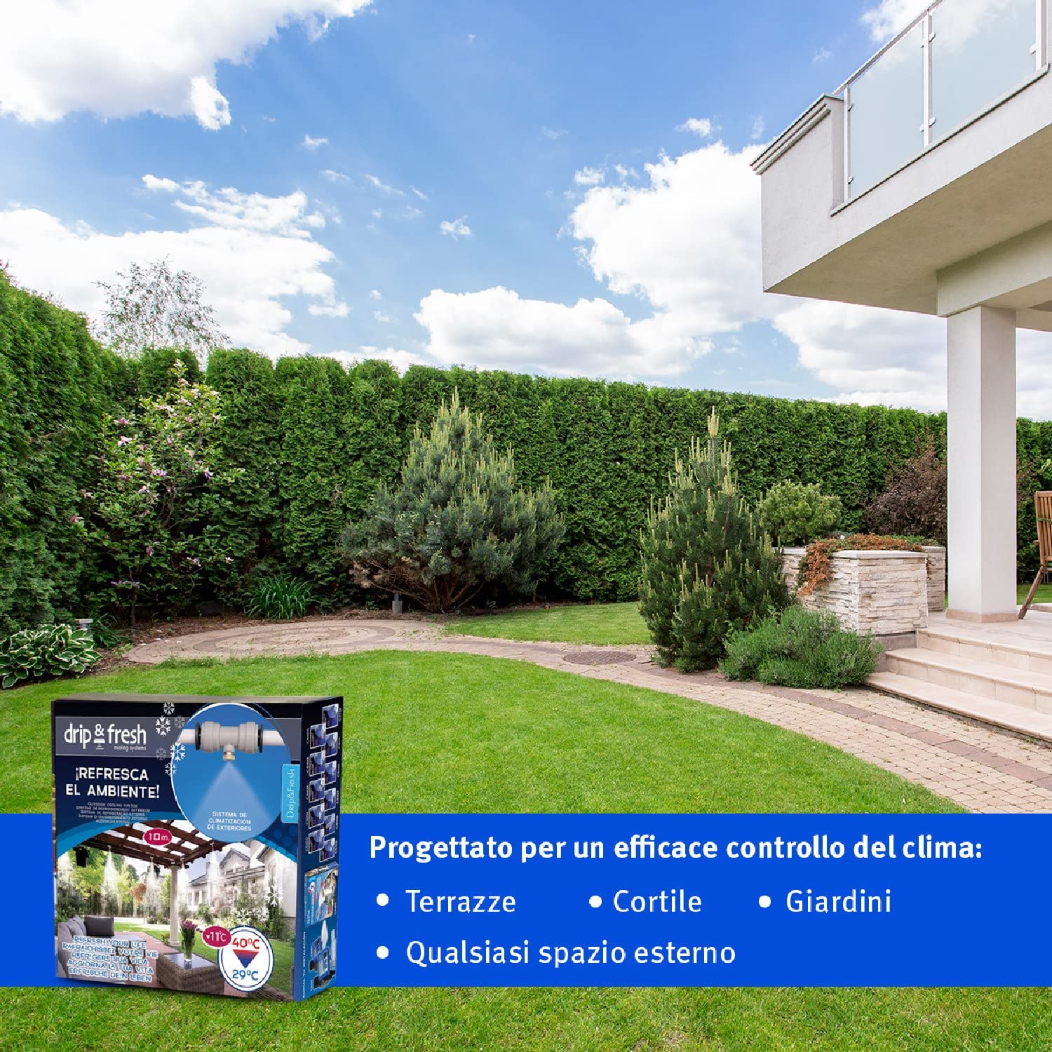 Drip & Fresh C5115N - Kit di Nebulizzazione per Climatizzare Il Cortile o la Terrazza - 8 Punti di Freschezza, Lunghezza 10 m