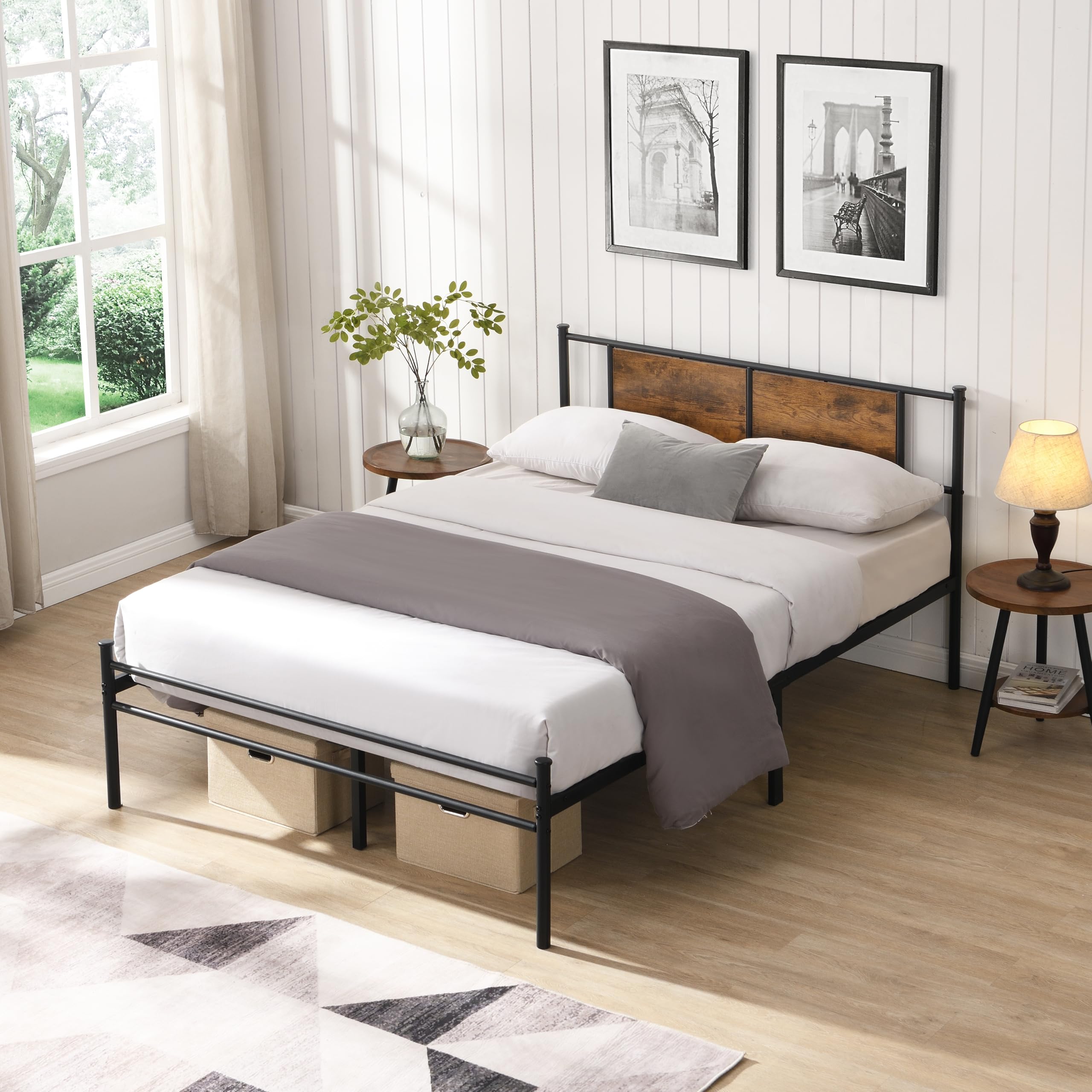 King Size Metal Platform Bed Frame with Wooden Headboard Heavy-Duty Bed Frame with Metal Slats Support Large Under