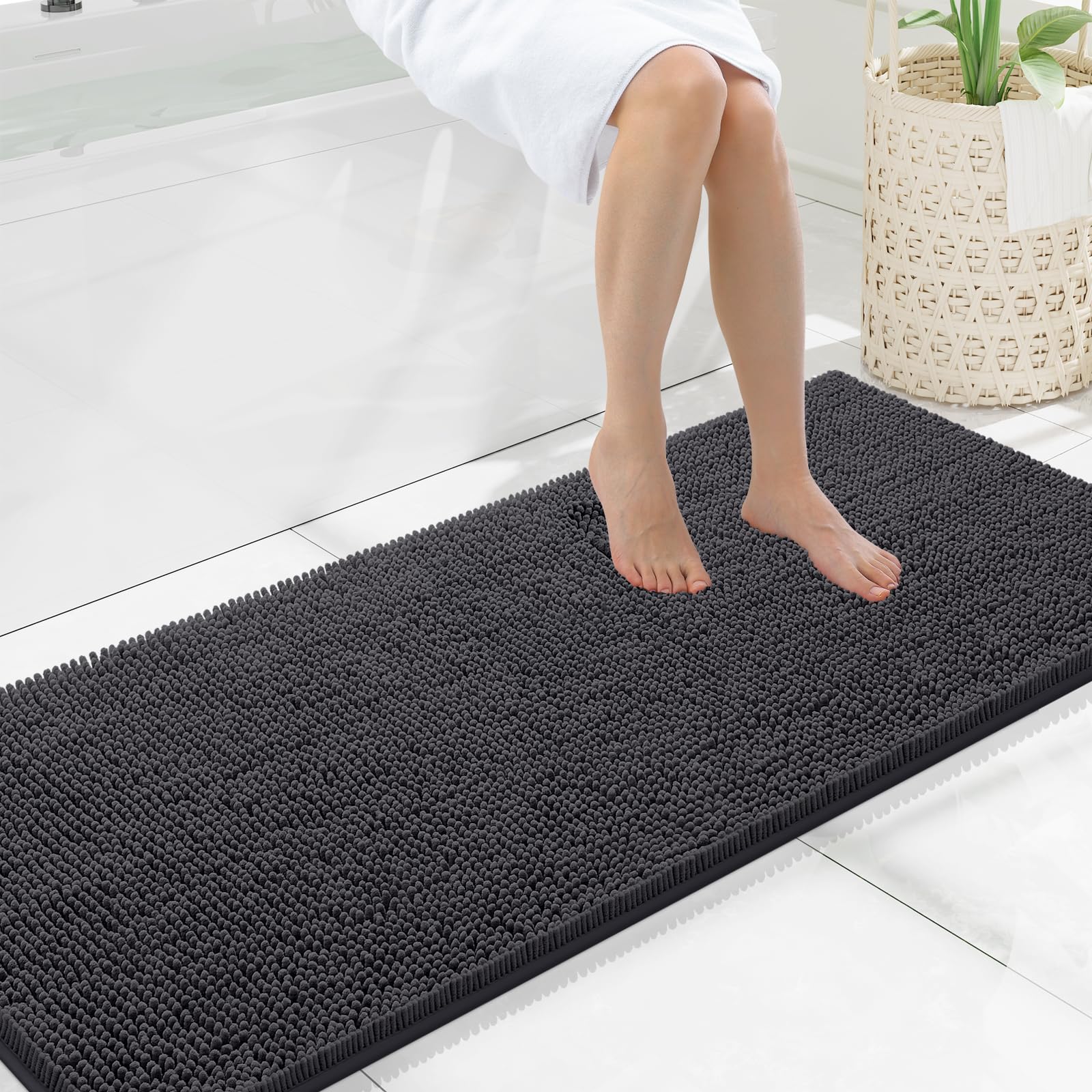 Smiry Luxury Chenille Bathroom Rugs 47x20, Extra Soft and Absorbent Shaggy Bath Mat, Machine Washable, Non-Slip Plush Carpet Runner for Tub, Shower,