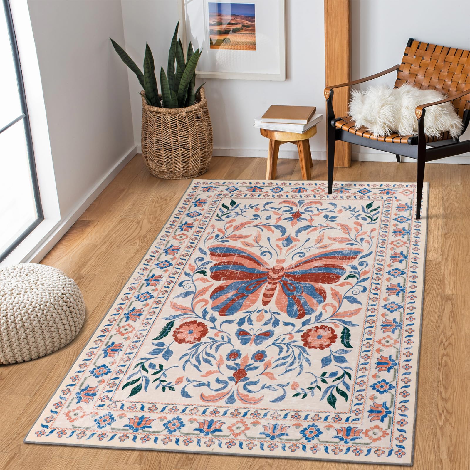 TUKDAK Mariposa Alfombra Salon Pelo Corto 120x180cm, Vintage Boho Antideslizante Alfombras Dormitorio Suave, Lavables Alfombra Comedor, Infantil Habitacion, Cama, Oficina Certificado ClimatePartner