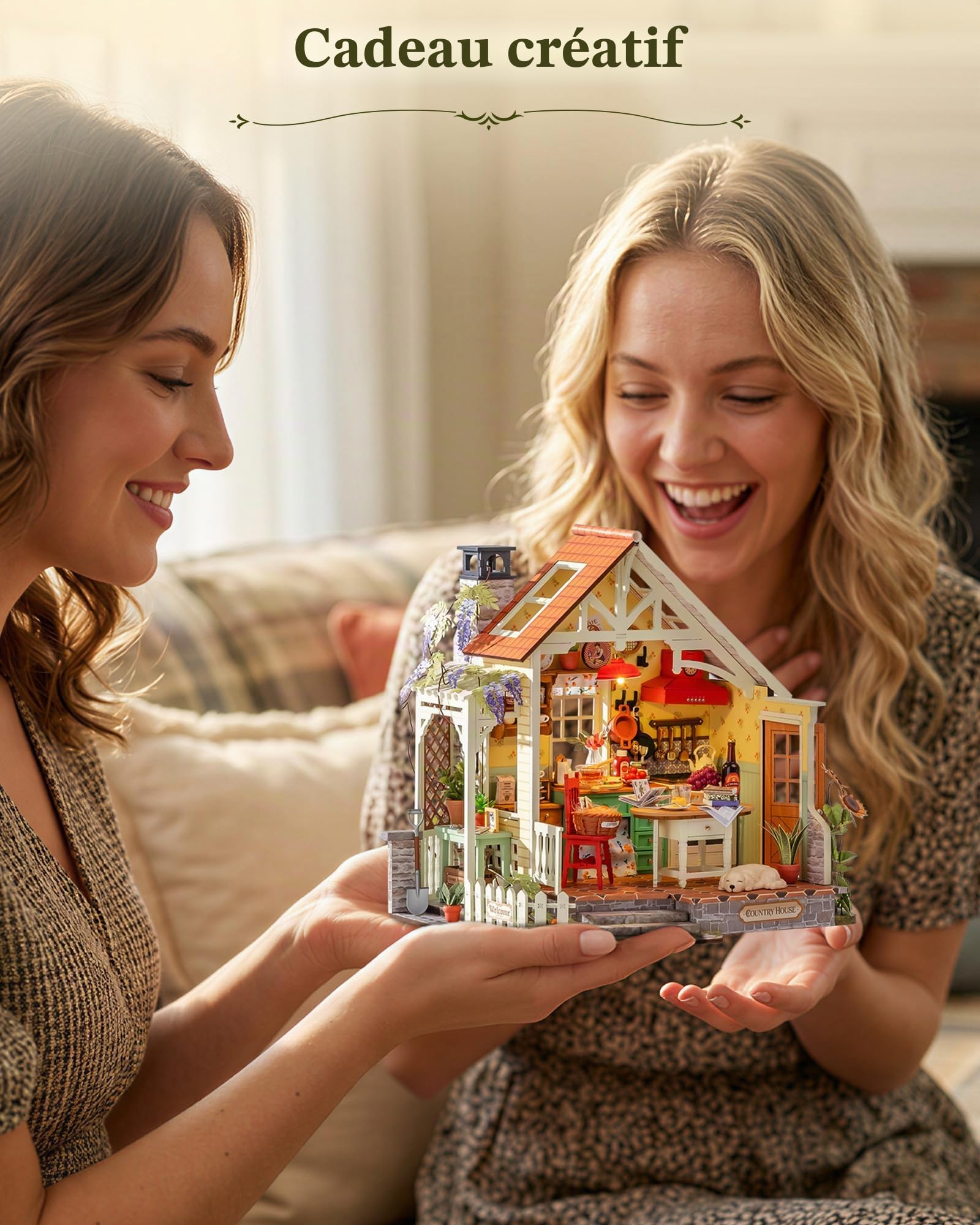 Rolife Miniature Maison de Poupée pour Adultes, Cuisine de Ferme Ensoleillée, Maison Miniature en Bois Style Cottage, Maquette avec Lumières LED, Loisir Créatif Relaxant, Cadeau Noël Femme
