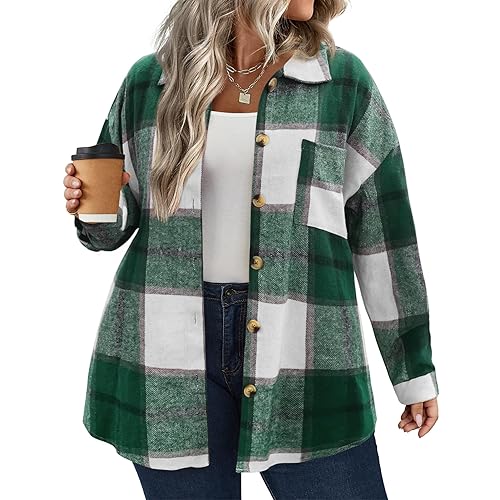 IN'VOLAND Women's Plus Size Plaid Shacket Long Sleeve Button Down Flannel Shirts Casual Jacket Coats