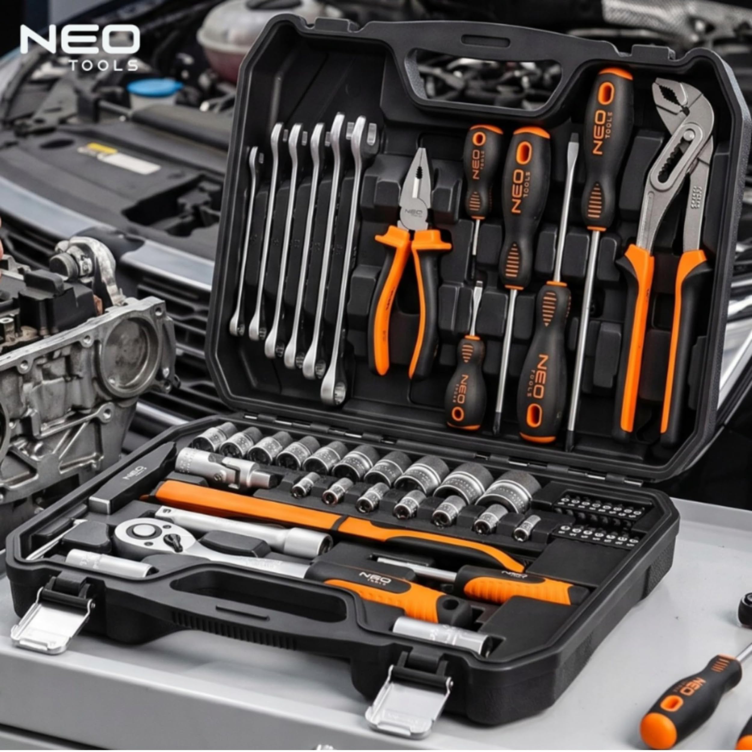 Mallette à outils professionnelle 56 pièces Neo Mallette à outils pour ménage 2 pièces - Mallette en plastique robuste - Outils à main - Grand assortiment de tournevis