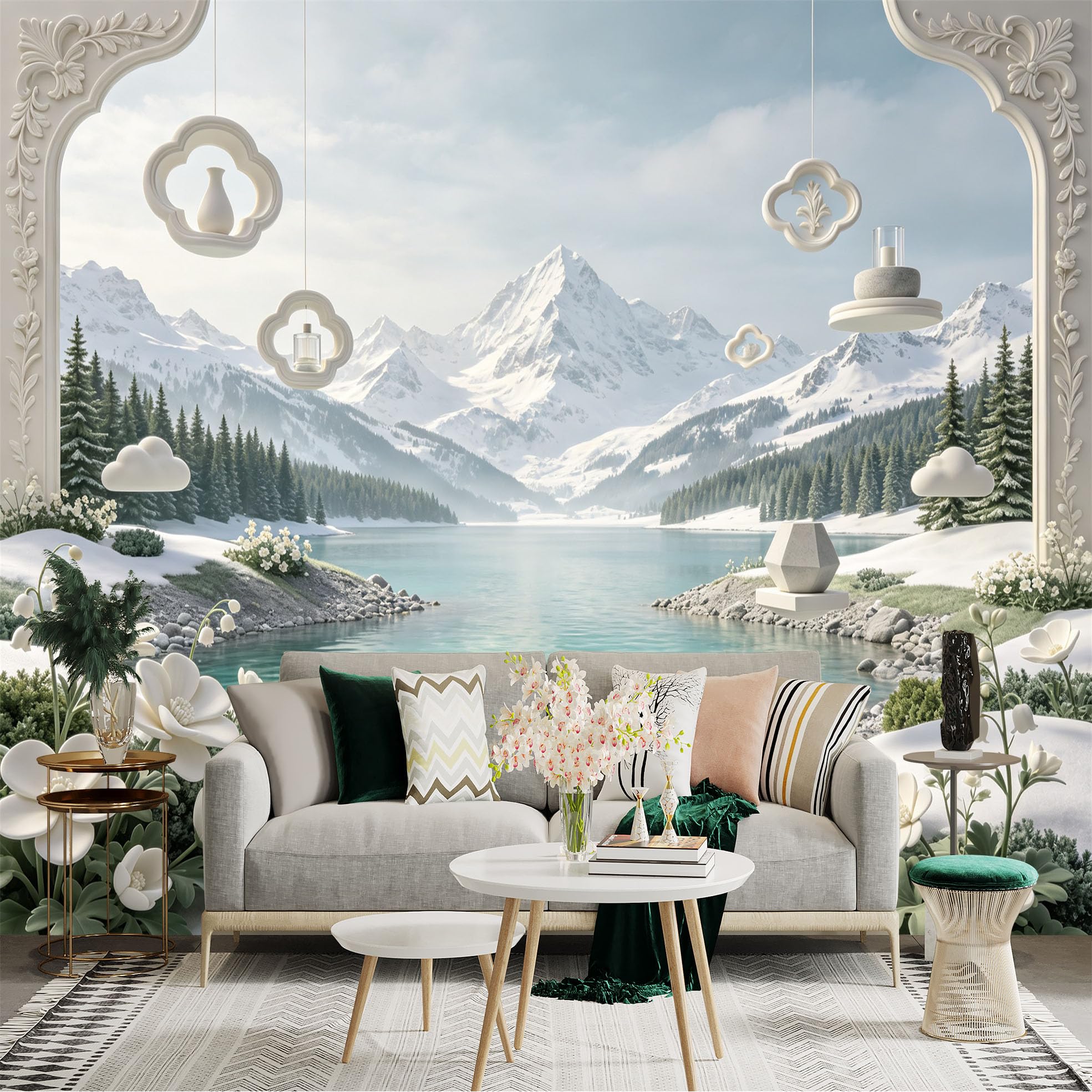 Lnzczhyre Bh260719746 Custom Size Wall Sticker Mural， Snowy Mountain Lake， Zen Oriental Arch， Winter Landscape， Tranquil Floral View， For Wall Decoration， Peelandstick Wall Decals.