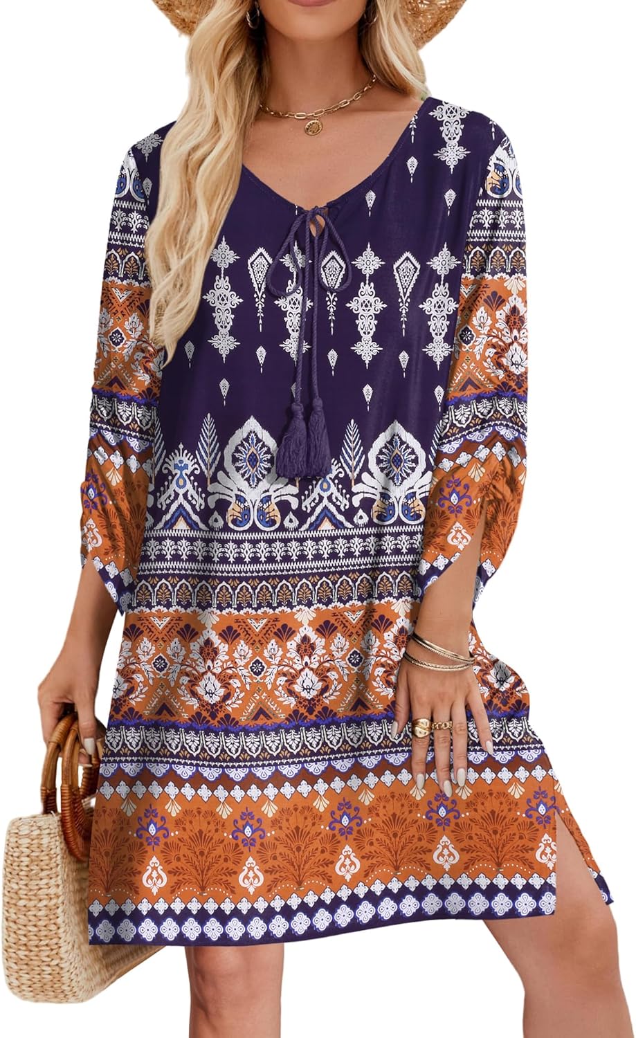 Zeagoo Womens Boho Dresses Casual Beach Summer Dress Tassel Tie Neck 3/4 Long Sleeve Mini Sundress 2026 Floral Print Cover Up