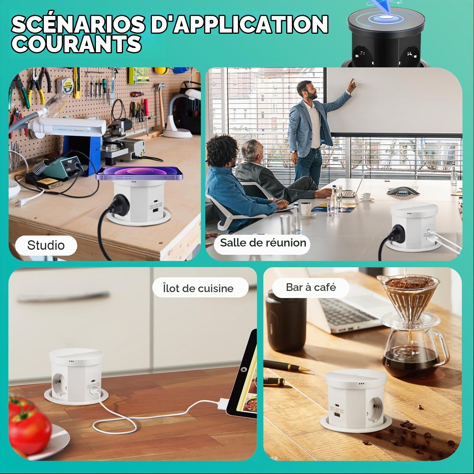 Bloc Prise Encastrable Plan de Travail Multiprise Encastrable, Prise de Table Escamotable 3 Prises avec 1 USB C 1 USB A - Table Rétractable - avec Chargeur sans Fil (Blanc)