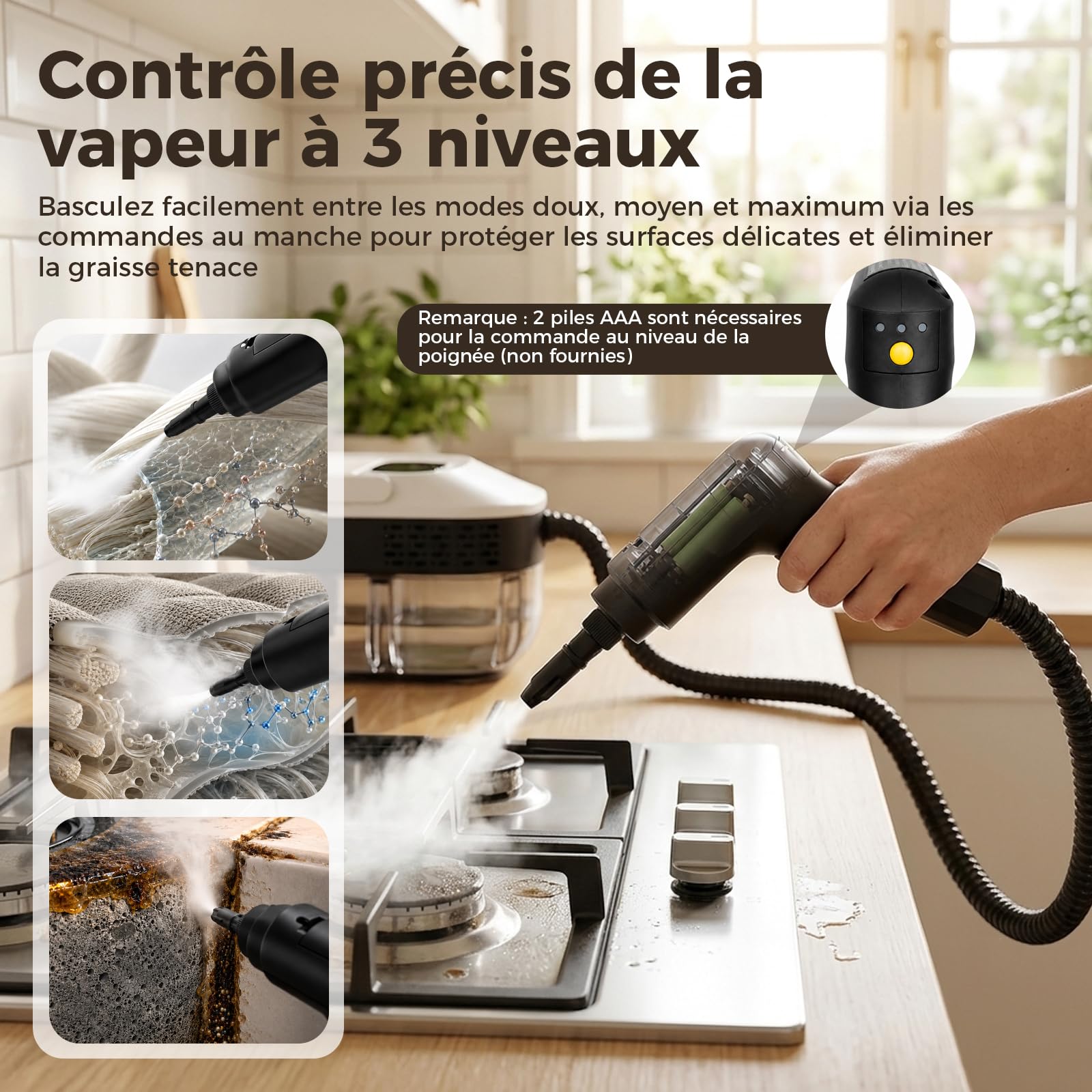 Nettoyeur Vapeur Portable 2500W avec Réservoir 1.6L, Nettoyeur Haute Pression 3 Bars 3 Niveaux Réglables avec 14 Accessoires pour Sol Cuisine Canapé Voiture Vitres