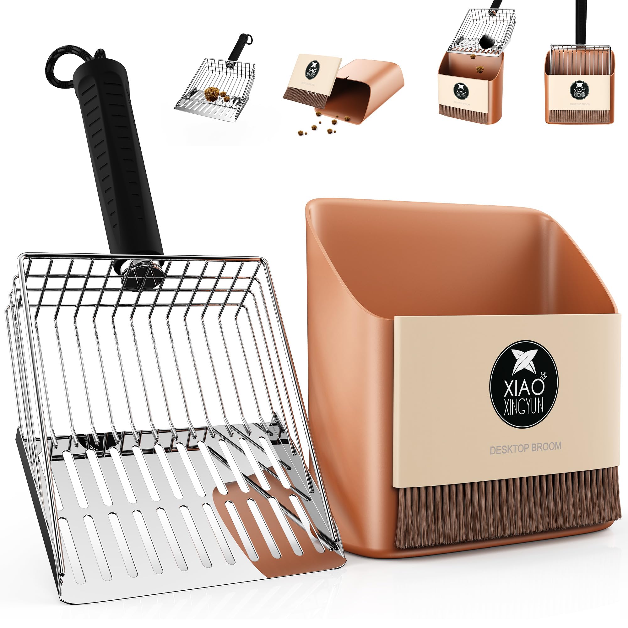 Cat Litter Scooper with Holder, Metal Litter Scoop Includes Portable Small Broom and Dustpan Set, Heavy Duty Stainless Steel Litter Scoop with Coarse