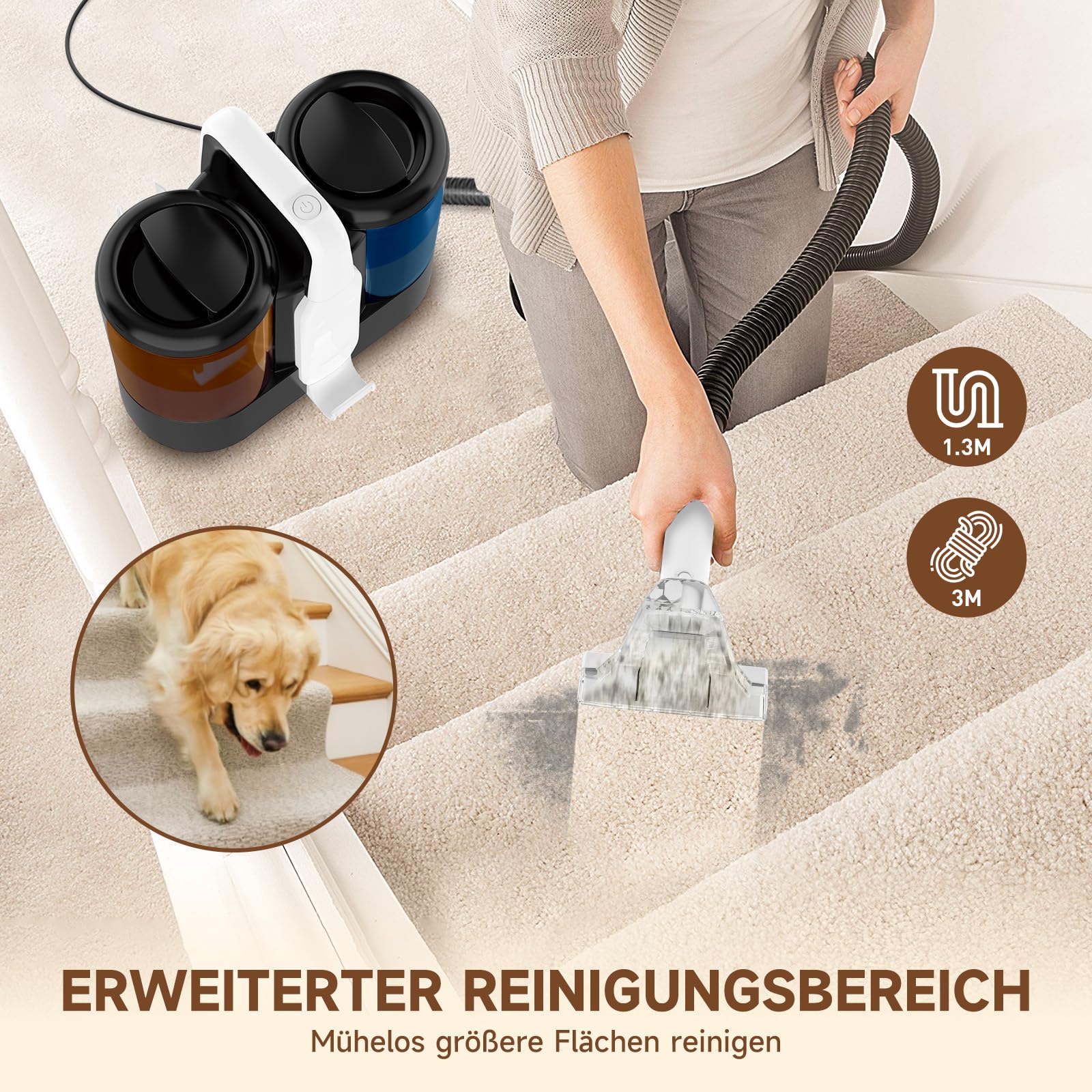 Polsterreiniger Gerät, Teppichreiniger Nasssauger mit 18kPa Saugkraft | 1,5L Frischwassertank, Fleckenreiniger für Sofa, Teppich, Auto & Haustiere, Doppeltank-System mit Sprühfunktion (Weiß)