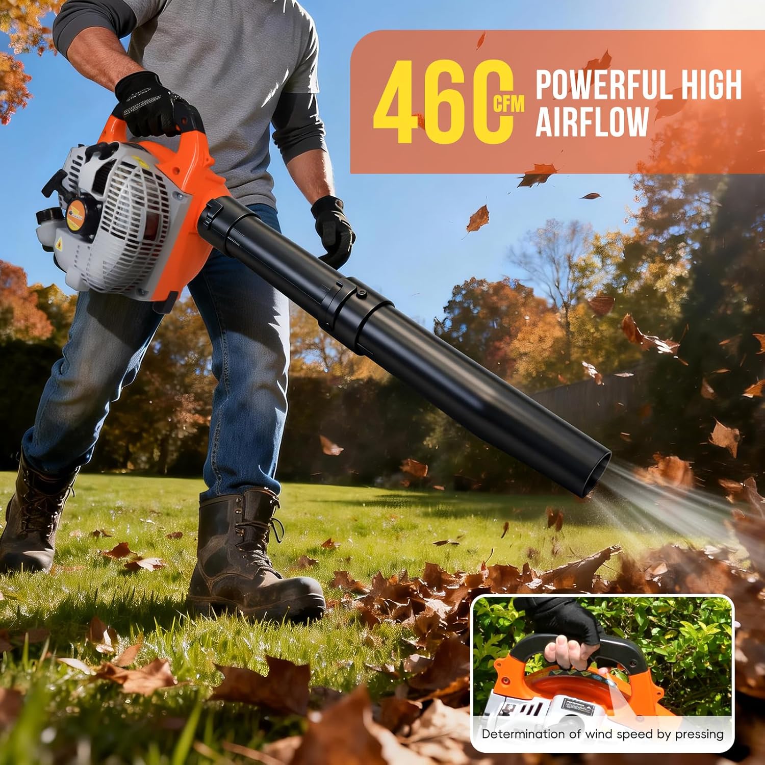 28CC Gas Leaf Blower, 1.1HP 2-Stroke Handheld Blower, 460 CFM 160 MPH High-Performance Air Volume, Lightweight Design for Lawn, Yard, and Driveway Cleanup