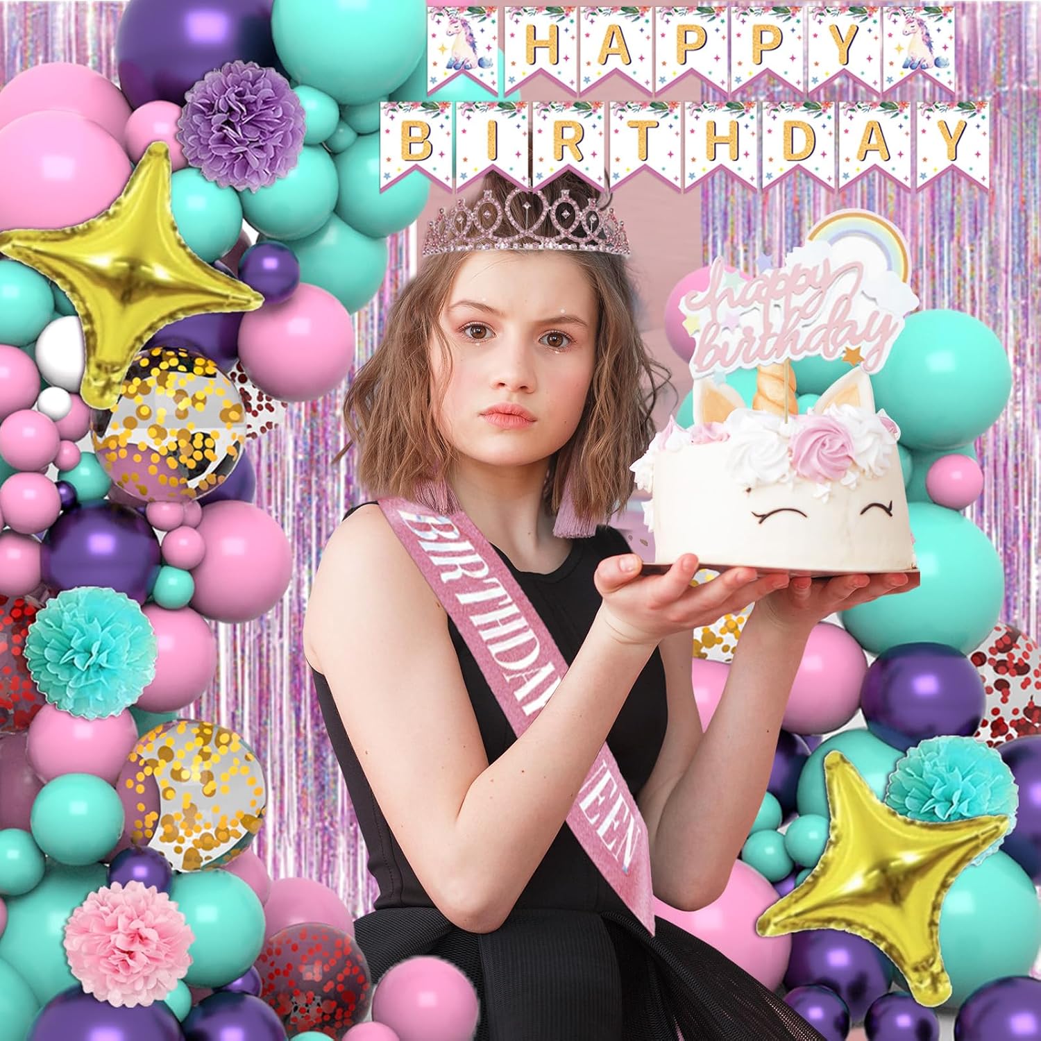 280 Pcs Unicorn Birthday Decorations, Unicorn Party Decorations Inclue Serves 25 Plates and Napkins Tablecloth, Birthday Banner, Balloons, Cake Topper, Tiara, Sash - Image 4