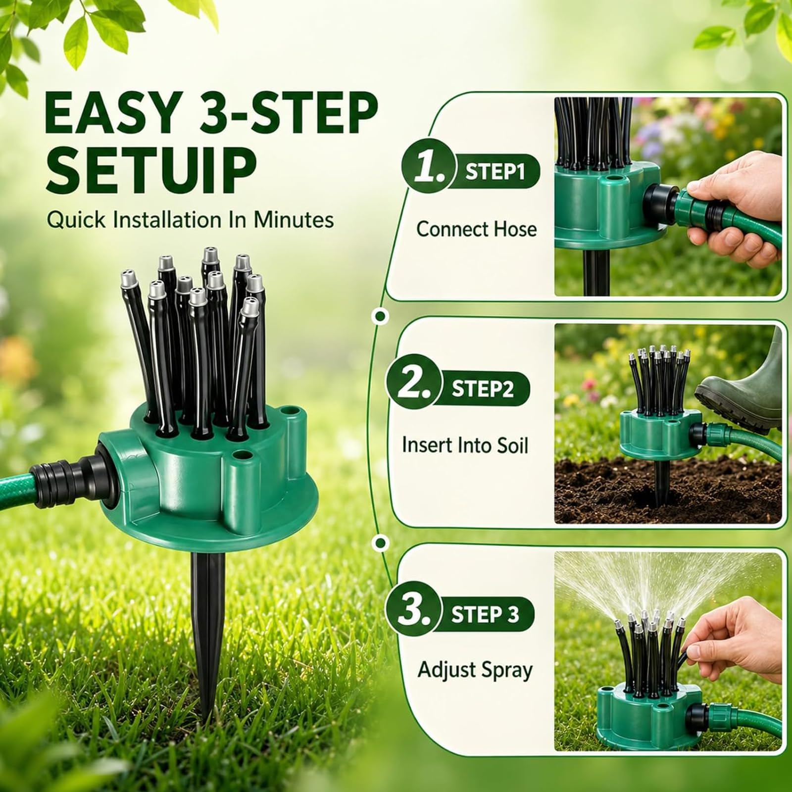 Sistema di irrigazione da giardino a 360°, irrigatori rotanti automatici con 12 ugelli regolabili, 2 pezzi per prato, cortile, aiuole, soluzione di irrigazione efficiente