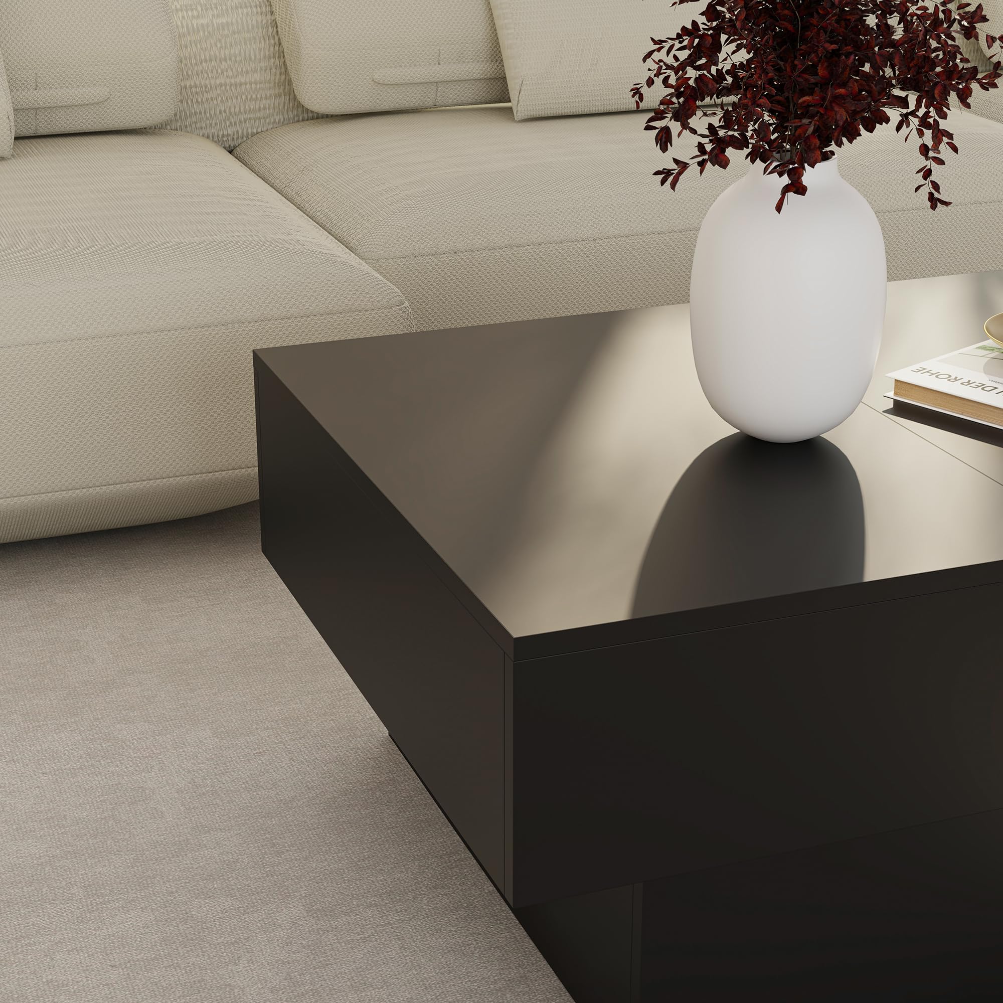 [en.casa] Couchtisch mit Stauraum Lens Wohnzimmertisch ausziehbar Tischplatte 80 x 60 x 36 cm Stubentisch viereckig Beistelltisch modern Sofatisch Schwarz