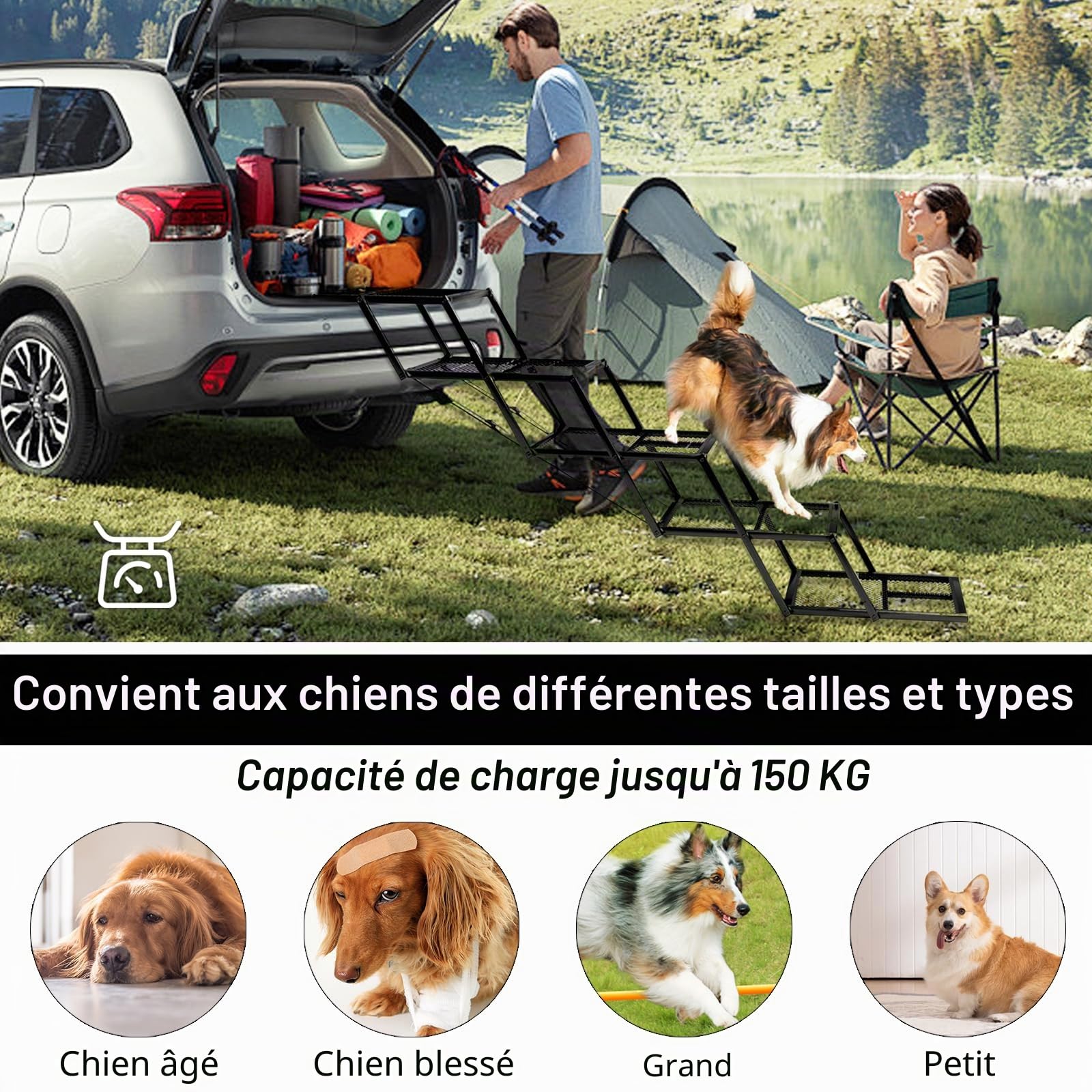 Rampe pour Chien Pliante 5 Marches Antidérapante pour Voiture SUV Camion Hauteur Réglable 35-90cm Support 100kg