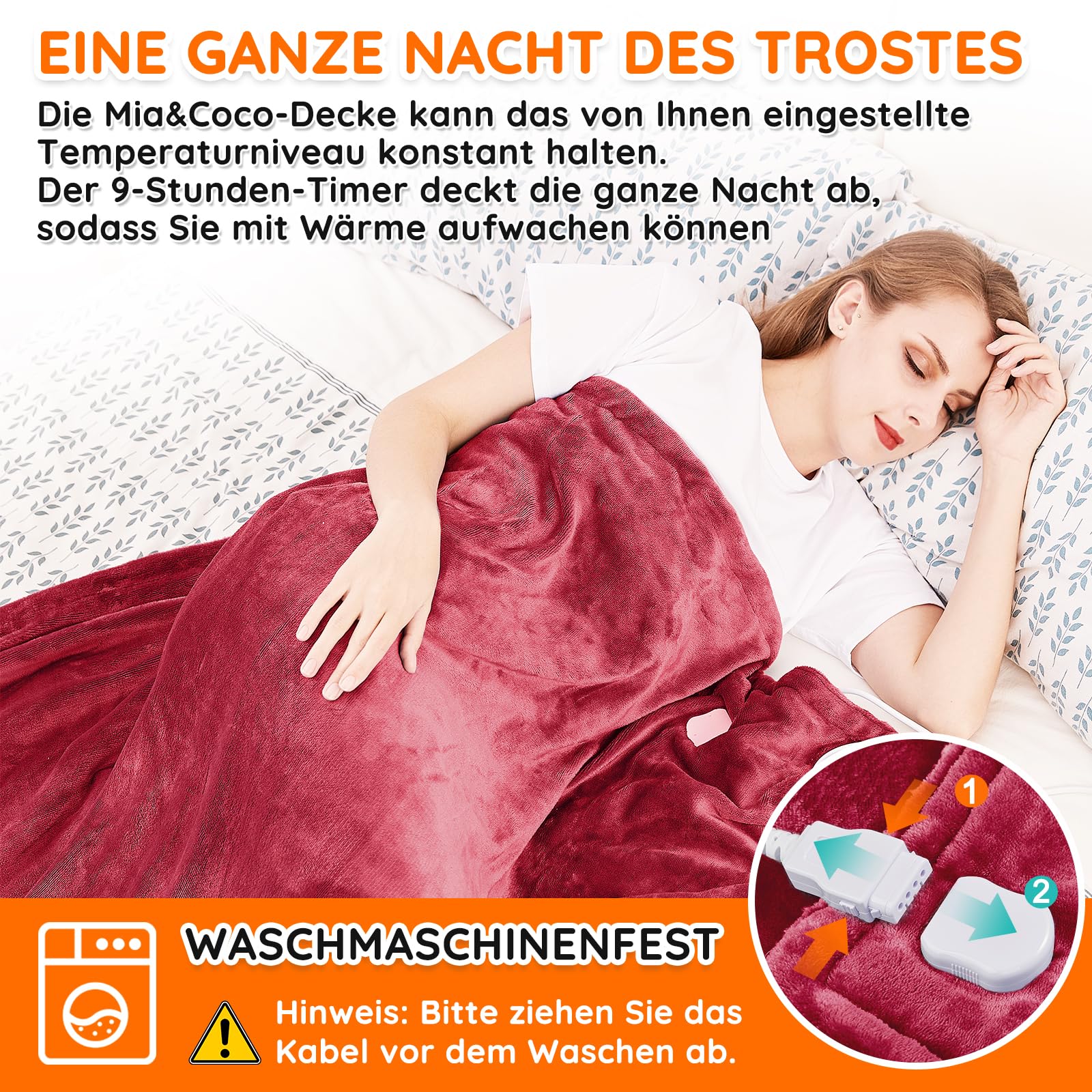 Heizdecke mit Abschaltautomatik, 130x180cm 10 Heizstufen 1~9 Stunden Auto-Off-Timer Überhitzungsschutz, Elektrische Wärmedecke Bett Wärme Decke ETL für Home & Office Schnelle Flanell Waschbar Rot