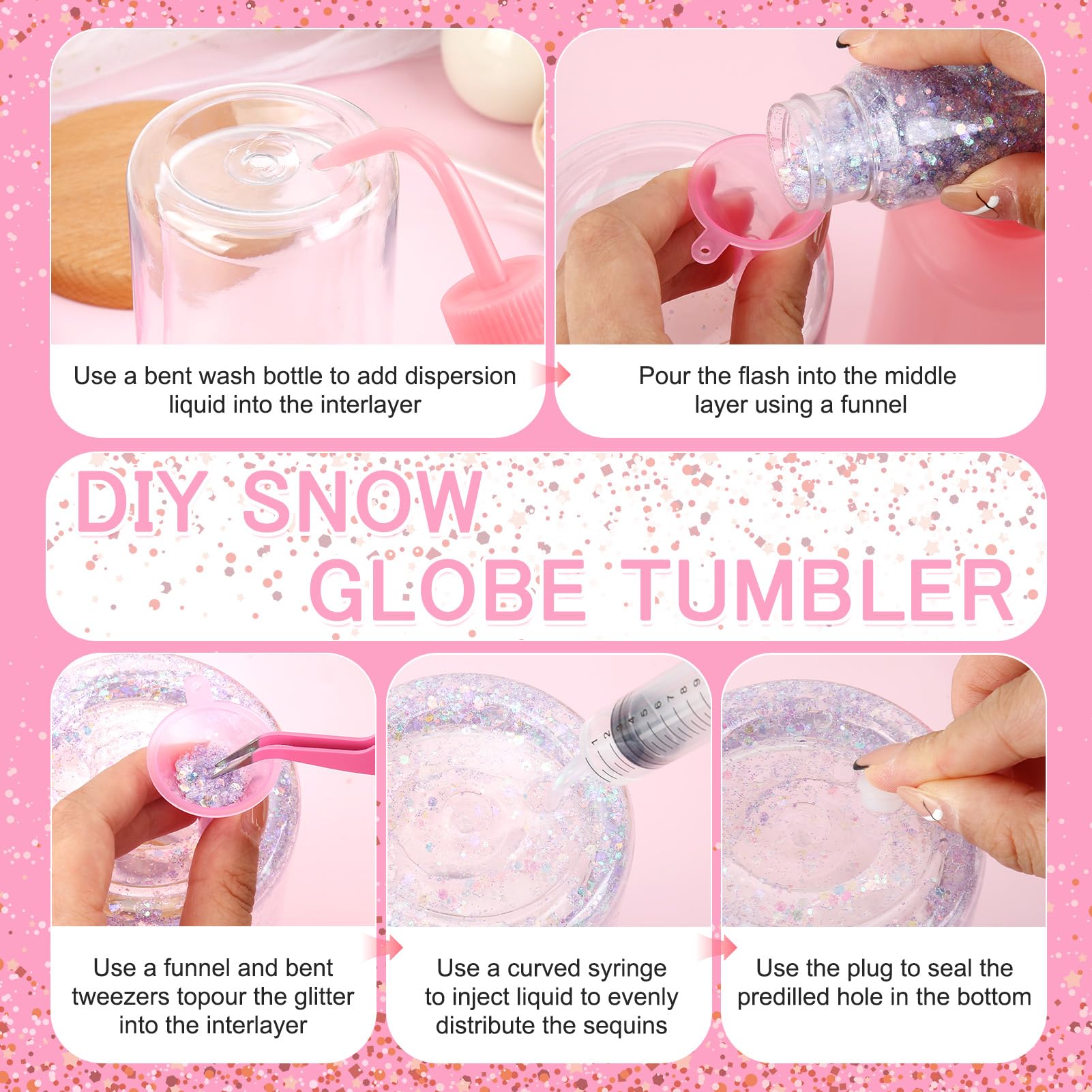 10 Pcs Snow Globe Tumbler DIY Kit - Pink & Blue Glitter Cup Making Supplies With Tools - View #2