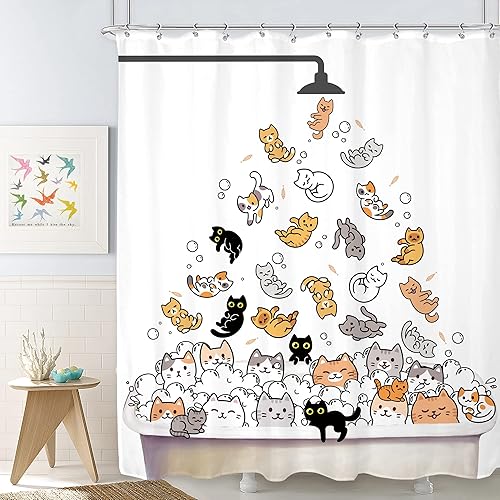 SVBright Bonita cortina de ducha con diseño de gato para niños, 72 pulgadas de ancho x 72 pulgadas de largo, diseño divertido de animales de dibujos