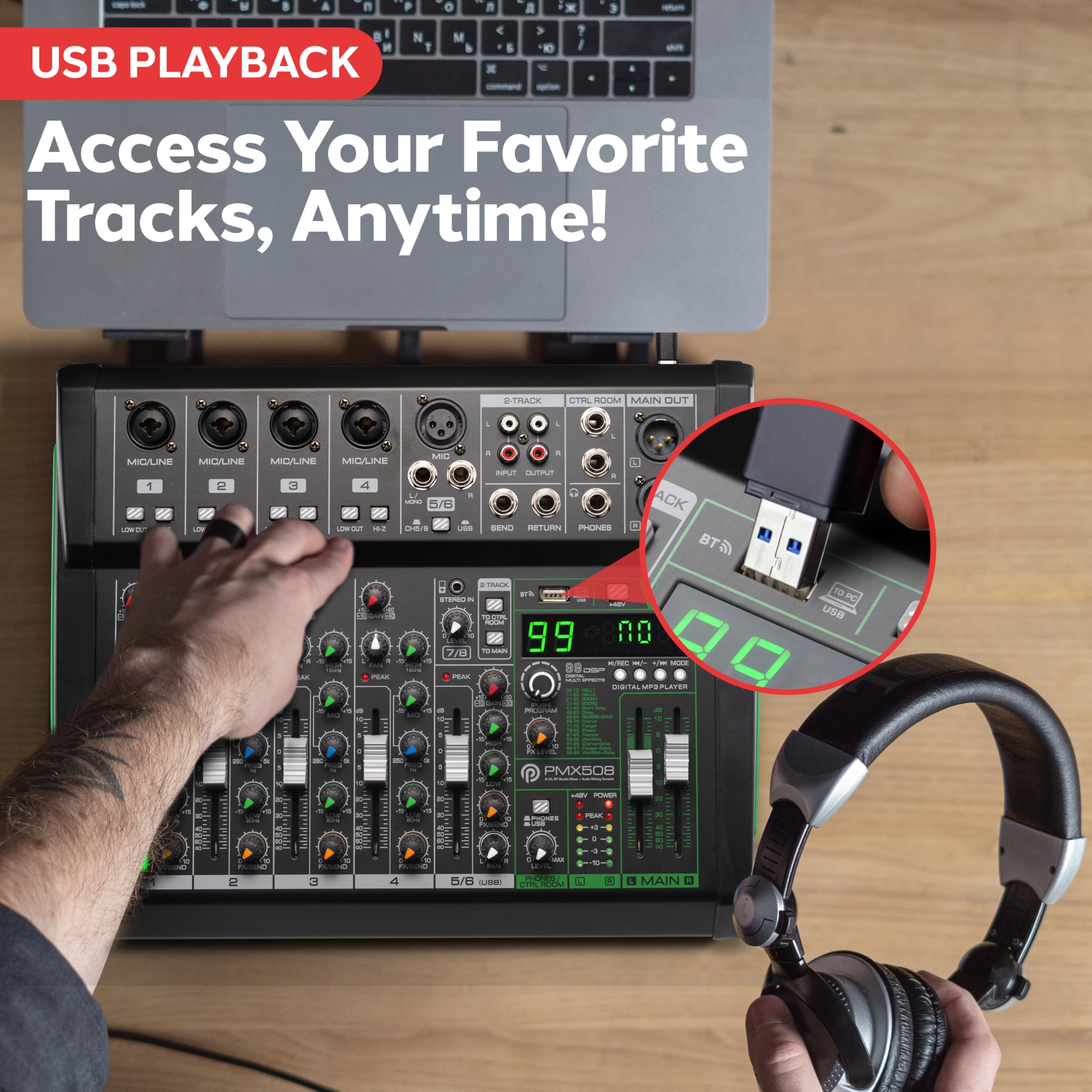 Pyle 8-Channel Audio Mixer, Bluetooth Studio Mixer/DJ Controller with Digital Effects, USB Interface, MP3 Compatible, XLR Inputs and LED Display, Audio Mixing Sound board System 10”x11”x3” inches