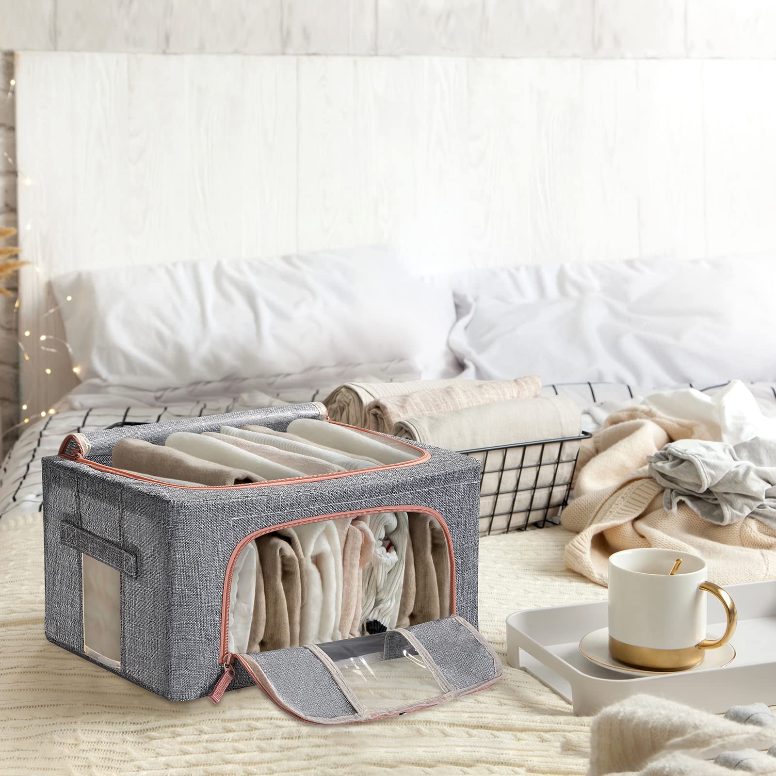 Boîte de rangement rigide en tissu pliable avec couvercle à glissière Boîte de rangement rigide en tissu pliable avec couvercle à glissière