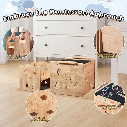 Miniatura 4 de Montessori - Juego de mesa y silla de destete, cubo de madera para niños pequeños con pizarra, mesa de actividades para dibujar, leer, manualidades,