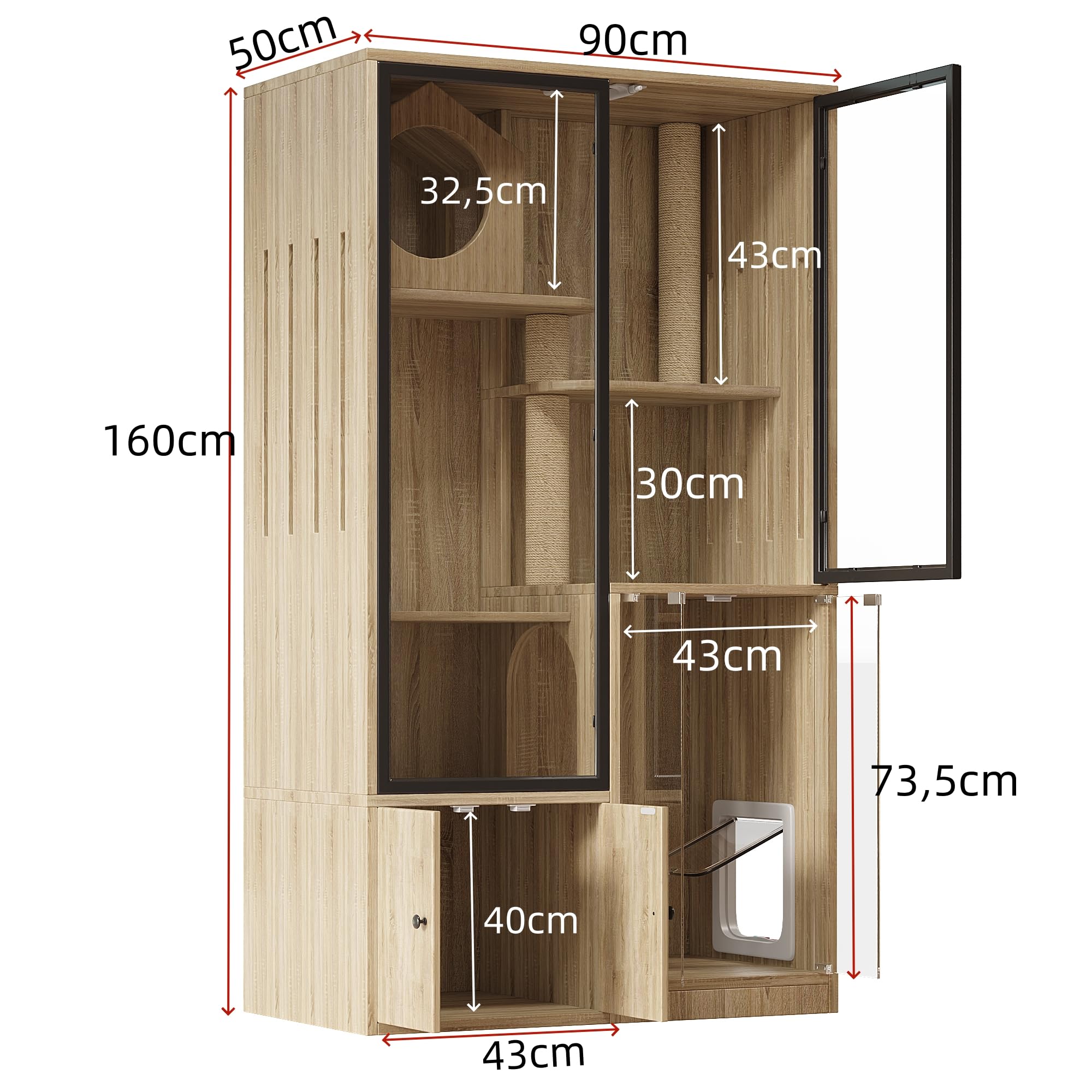 Jaula grande para gatos de 90 x 50 x 160 cm, 4 pisos con frontal de cristal, casa para gatos resistente al invierno y casa para animales pequeños, incluye postes rascadores, para interior y exterior