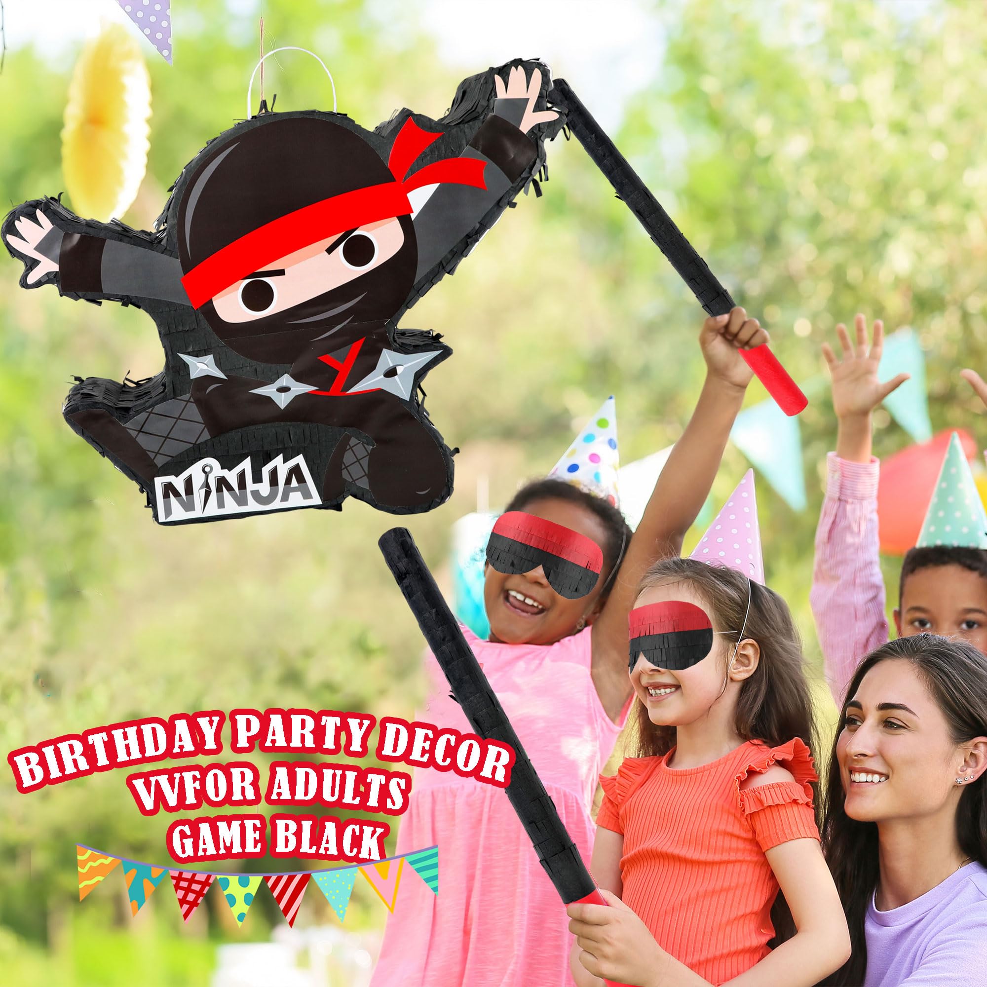 Black Ninja Pinata Ninja-Themed Piñata Bundle Paper Cool Warrior Design Pinata with Stick Blindfold Confetti for Birthday Party Decor Props - Image 6