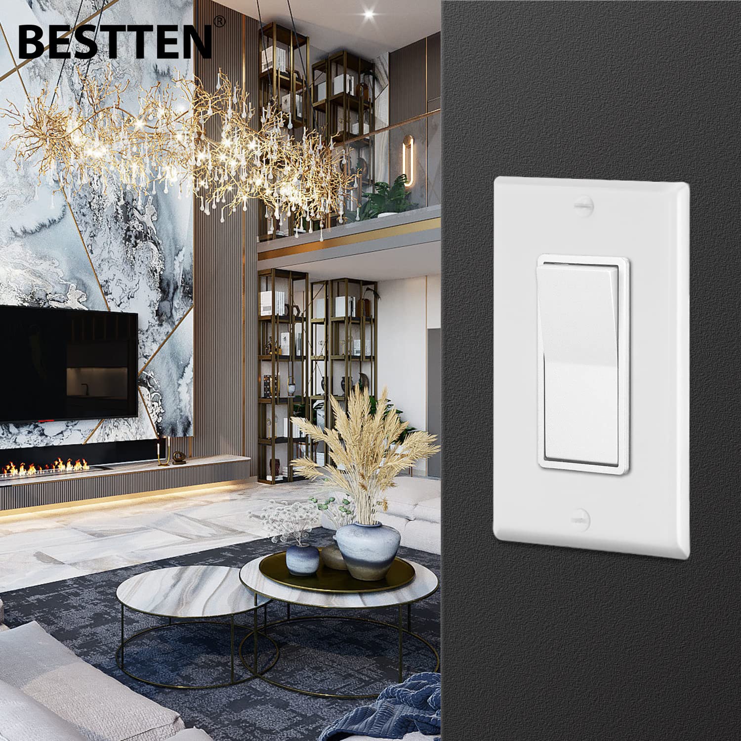 [100 Pack] BESTTEN Single-Pole Decorator Wall Light Switch, 15A 120/277V, On/Off Rocker Interrupter, UL Listed, White - - 