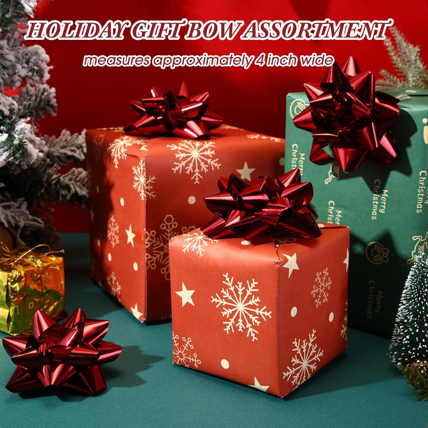 Yilloog 48 Pcs Valentines Gift Bow for Gift Wrapping Star Pattern Bulk 4 Inch Xmas Large Ribbon Bows Self Adhesive Color Star Metallic for Holiday Presents Box(​​Wine Red) - Image 2