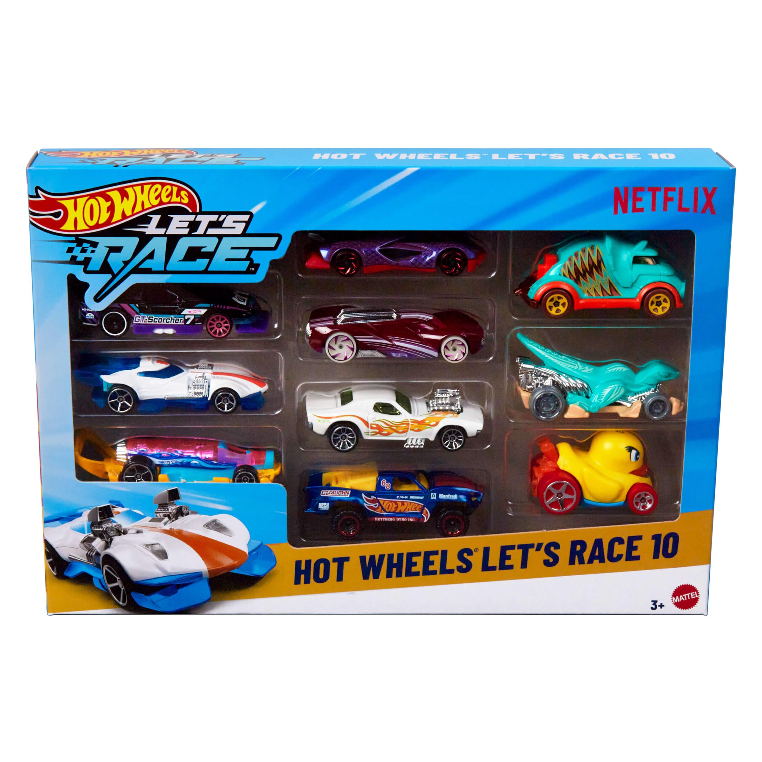 Hot Wheels Let’s Race – Na start! Zestaw 10 samochodzików w skali 1:64 z animowanego serialu Netflixa, do zabawy i kolekcjonowania (zawartość zestawów może się różnić), JGN40