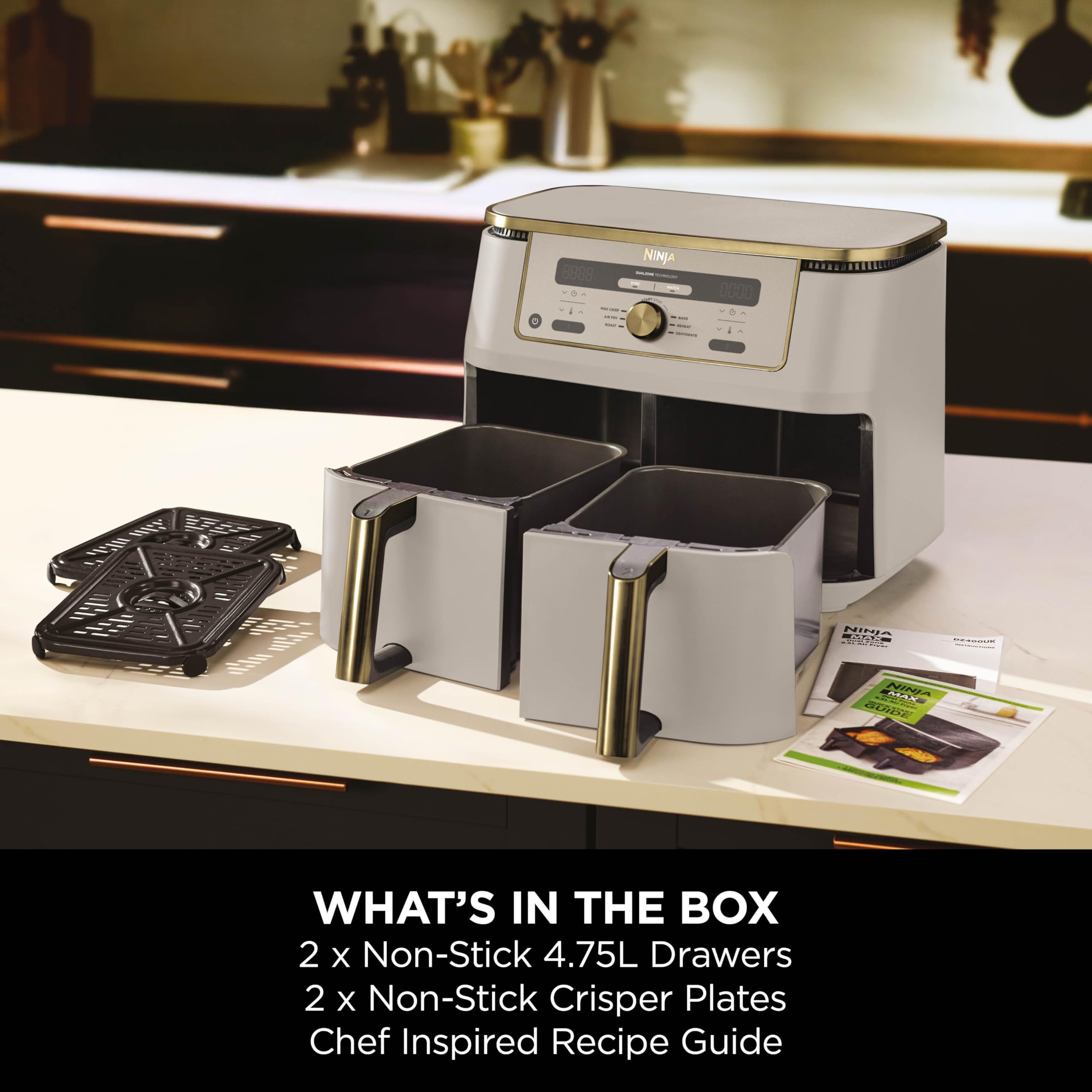 Ninja MAX Dual Zone Digital Air Fryer, 2 Drawers, 9.5L, 6-in-1, Uses No Oil, Air Fry, Max Crisp, Roast, Bake, Reheat, Dehydrate, Non-Stick, Dishwasher Safe Baskets, Stone Gold DZ400UKSTGD — view 9