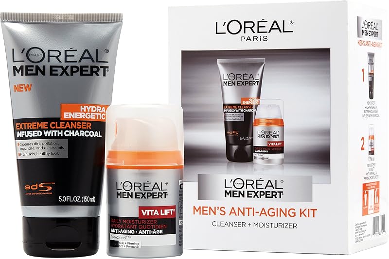 L'Oreal Paris Men Expert Limpiador facial de carbón y humectante facial antiarrugas y reafirmante Set de regalo (juego de 2)