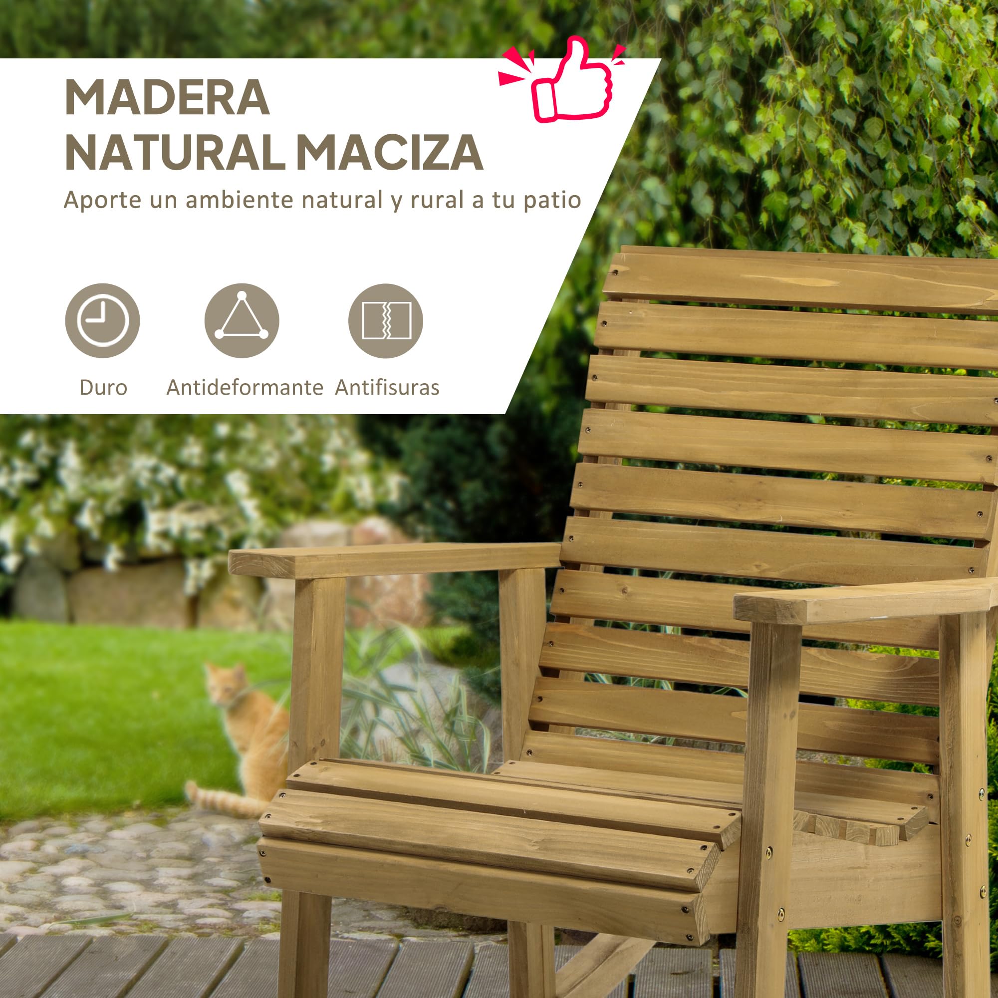 Outsunny Silla Mecedora de Madera de Abeto Mecedora Balancín con Reposabrazos y Diseño de Lamas Carga 130 kg para Jardín Terraza Patio Porche 86x64x85 cm Natural