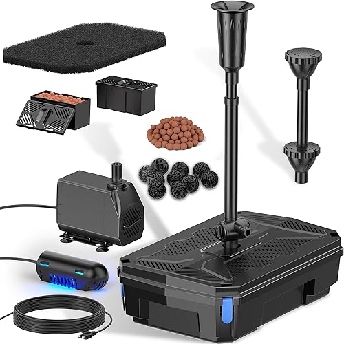 NFESOLAR Kit de fuente de filtro de estanque todo en uno, bomba de agua sumergible de 660 GPH con filtración de 3 capas, clarificador UV para