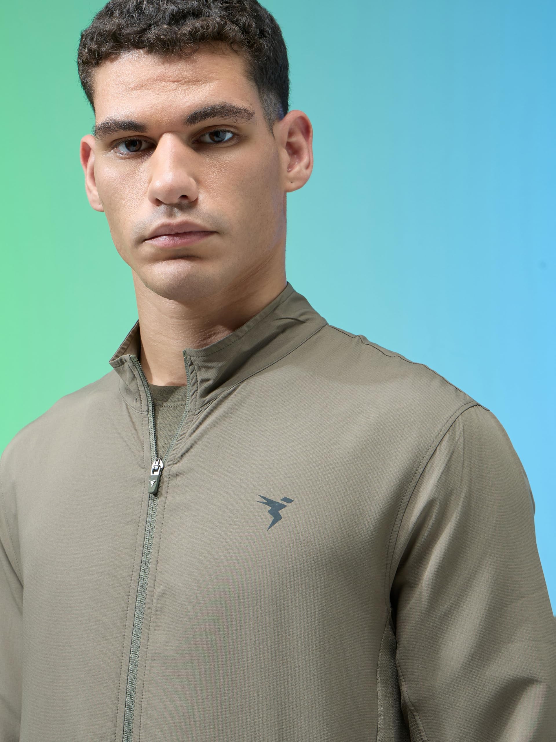 TECHNOSPORT Men's Solid Regular Fit High Neck Sports Jacket (Smokey Olive) Lightweight Polyester for Gym Running Training Full Zip 1