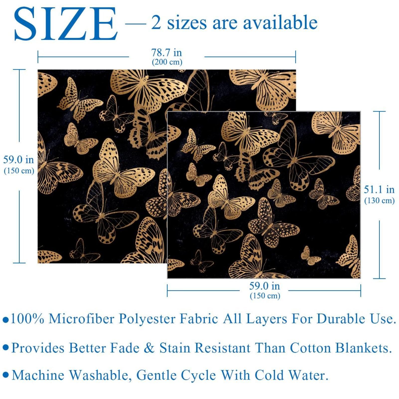 Coperta morbida e accogliente con farfalla dorata su sfondo nero, per adulti e bambini, in microfibra leggera, per divano, letto, divano, viaggio, 150 x 200 cm