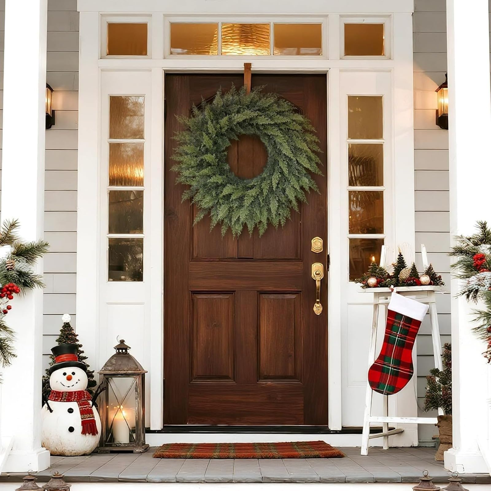 Künstlicher Zedernkranz, 61 cm, fühlt sich echt an – künstlicher Weihnachtskranz für Haustür, Urlaub, Kamin, Kaminsims, Wand, Fenster – Kieferngrün, Außendekoration