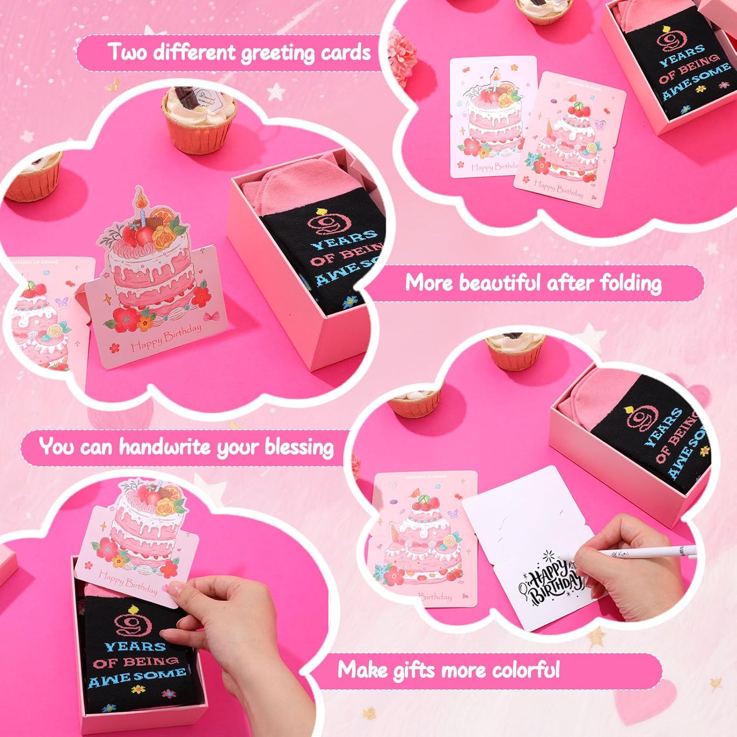 Birthday Socks Gift Set for 8 9 10 Year Old Girls 2 Pairs Cake Balloon Designs Pink Socks with Gift Box and Cards - Image 3