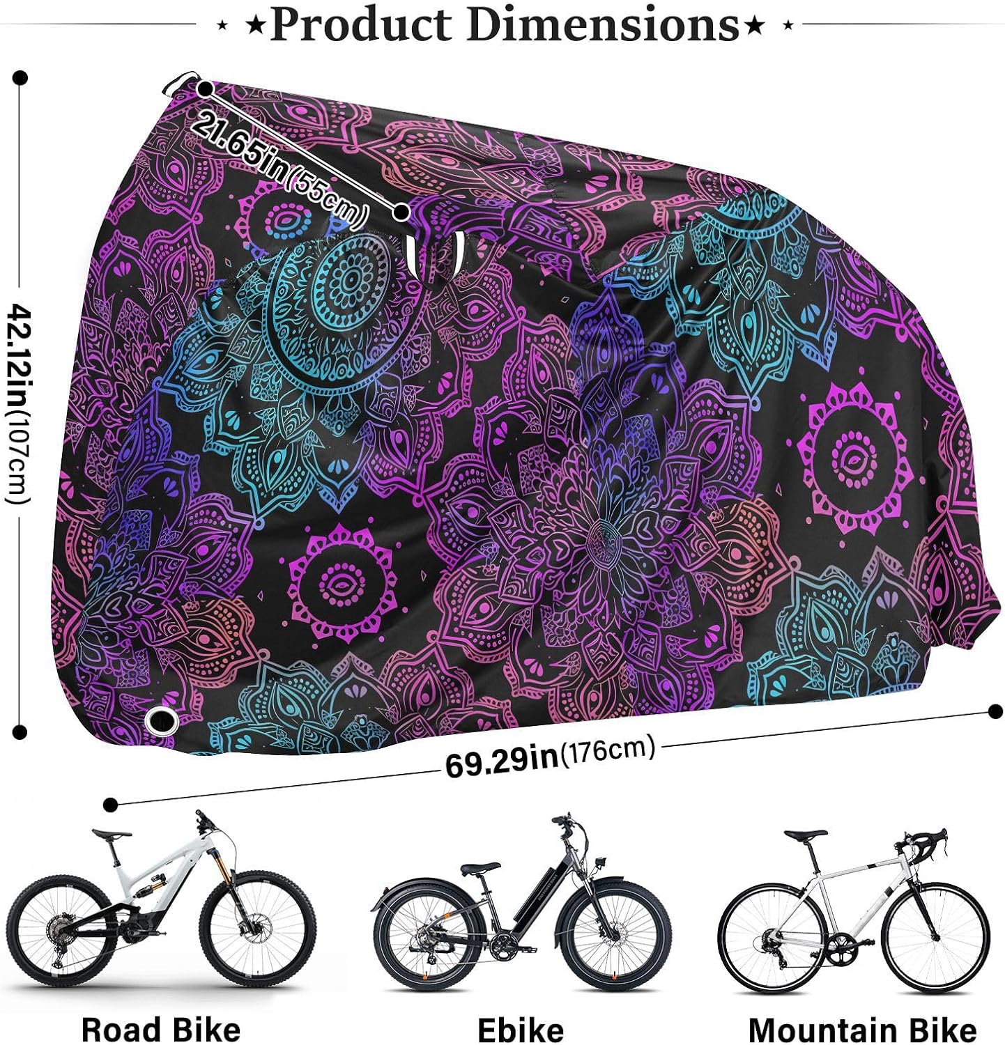 ALAZA Rainbow Mandala Flower Boho Bike Cover Waterproof Outdoor Ebike Bicycle Covers Tarp Protection for 1/2 Bikes, Sun UV Dust Wind Proof