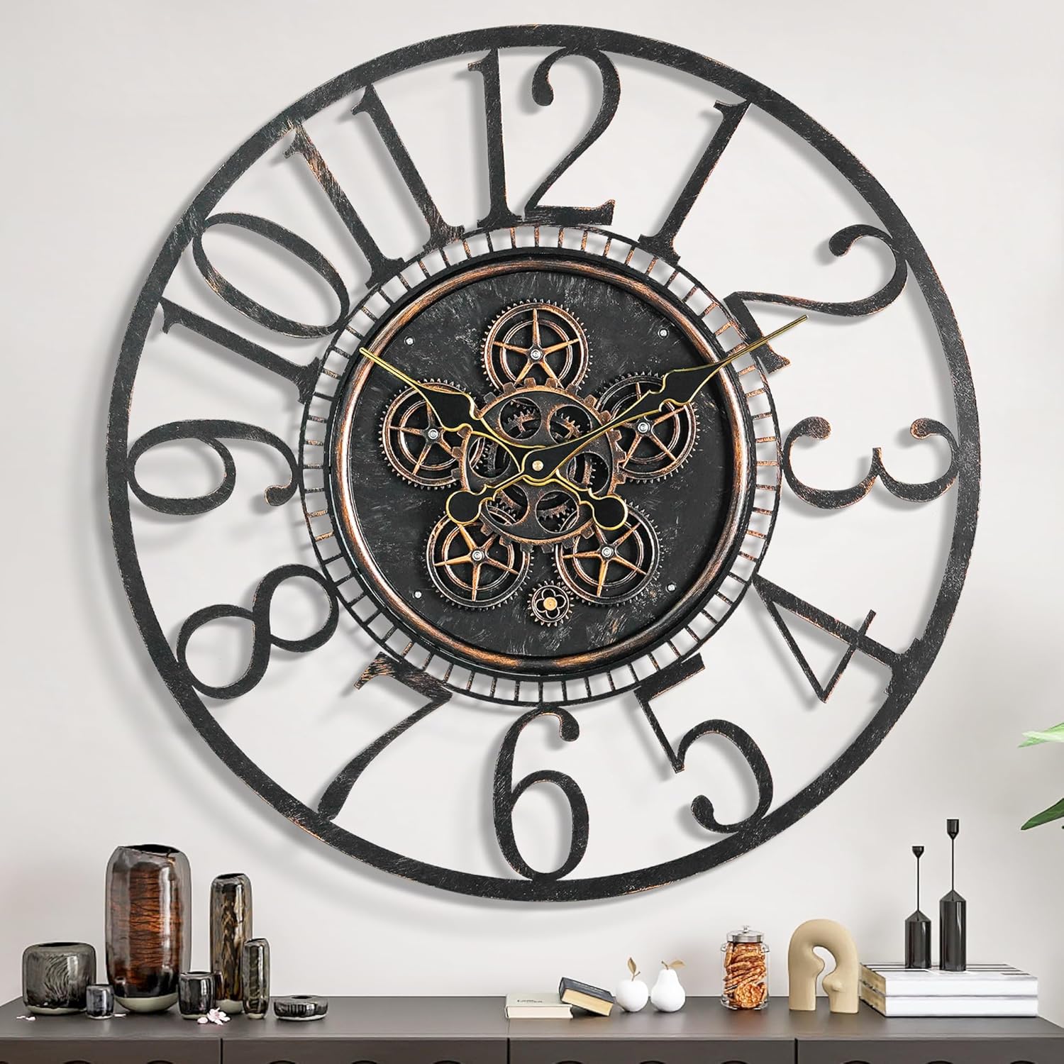 Maxstar Large Moving Gear Wall Clock for Living Room Decor,Vintage Industrial Steampunk,Metal Wall Clock Decorative for Home Office, Dinning Room,Farmhouse(Bronze Copper,Arabic Number,30 INCH) Antique Bronze 30 inch