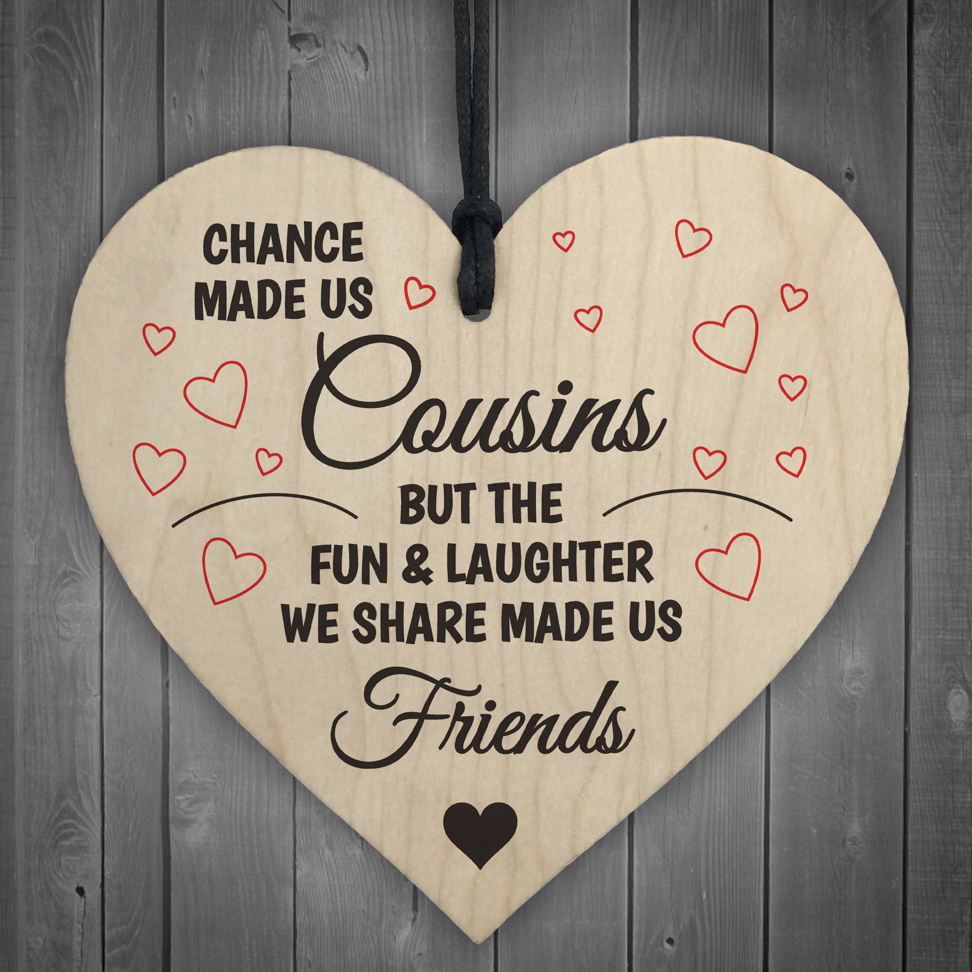 Red Ocean Cousins Fun Laughter Wooden Hanging Heart Plaque Sign Friendship Family Love