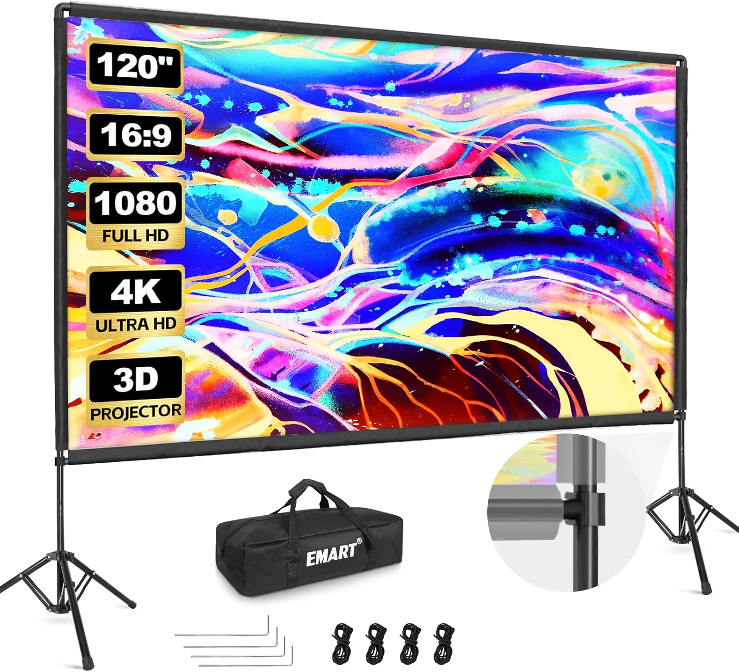 EMART Outdoor Projector Screen with Stand, 120 Inch Portable Indoor 16:9 4K HD Rear Front Movie Screens & Foldable Tripod with Carry Bag for Theater Home Backyard Movies