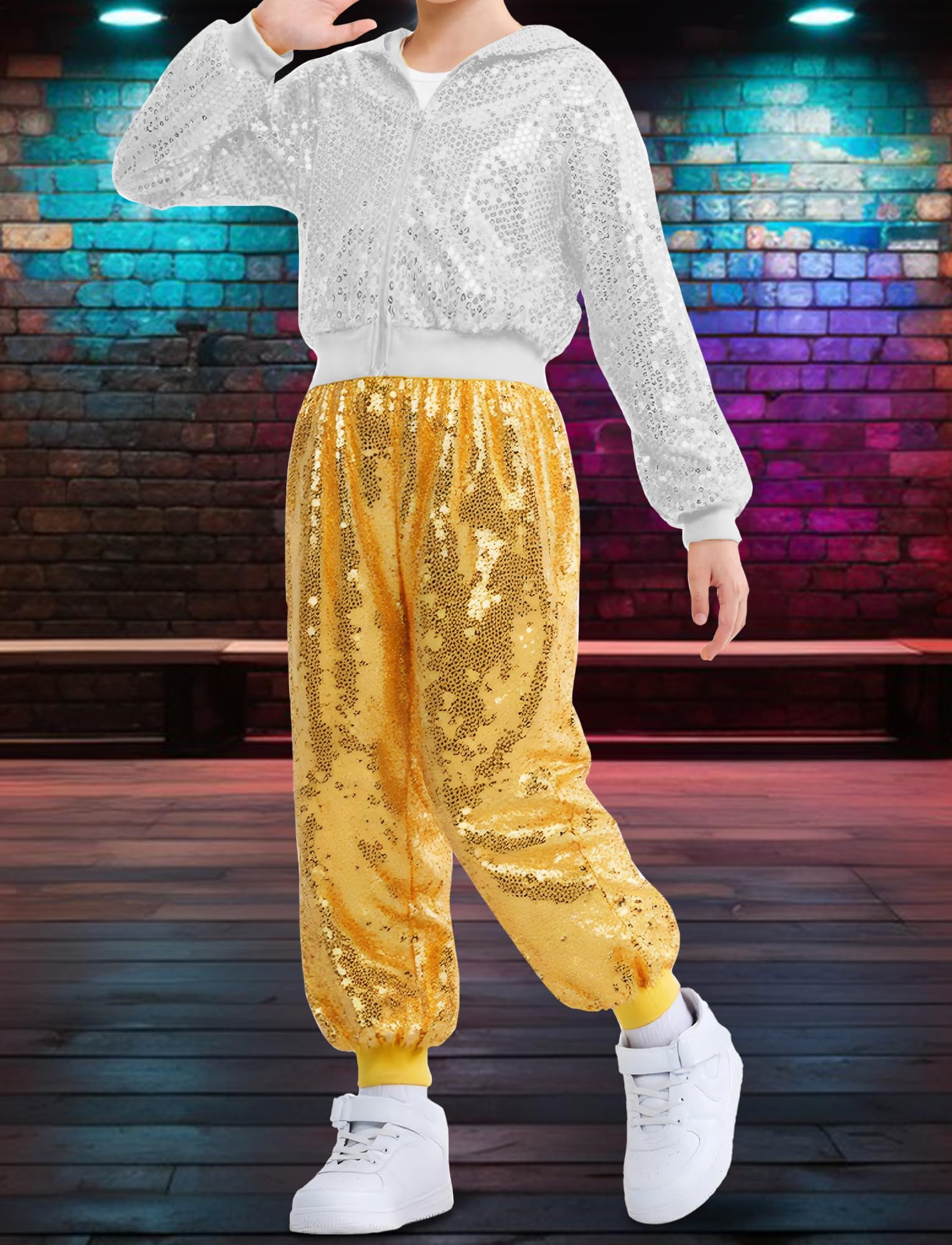 SEAUR Enfant Paillettes Pantalon De Danse Jazz Fille Garçons Pantalon De Fête Disco Party Ceinture Élastique 110-160=(104-158 UE)