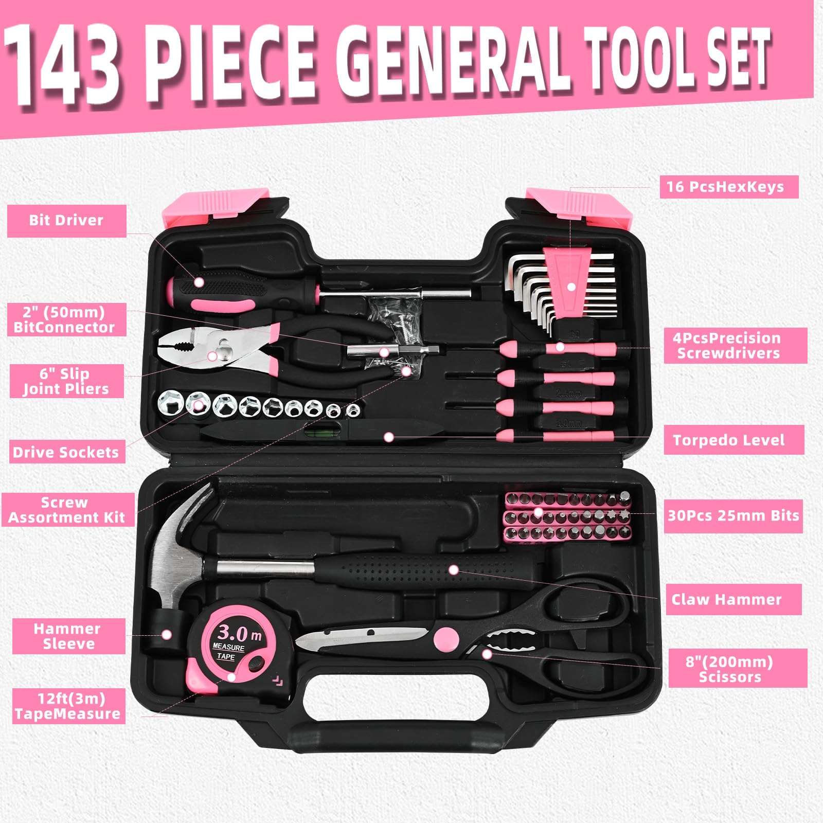 143pc Pink Household Tool Set including Toolbox Storage Case - Image 3
