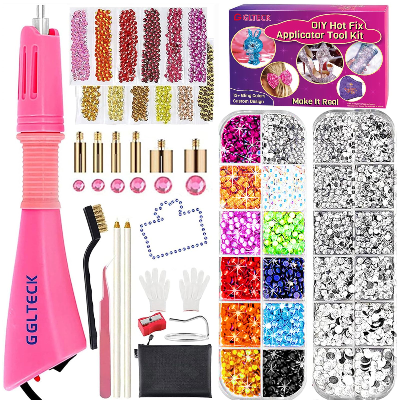 Hotfix Applicator, DIY Hot Fix Rhinestone Applicator Wand Setter Tool Kit with 7 Different Sizes Tips-2 Rhinestone Pencil Pickers -Tweezers &amp; Brush Cleaning kit and 2 Pack Hot-Fix Crystal Rhinestone