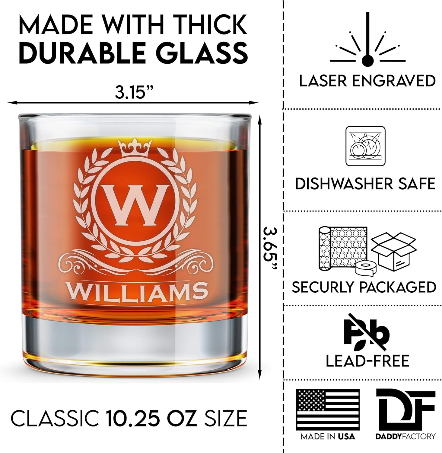 Personalized Whiskey Glass, Engraved Monogram Rocks Cocktail Glass, 10.25 oz Custom Bourbon Gift For Men - Image 2