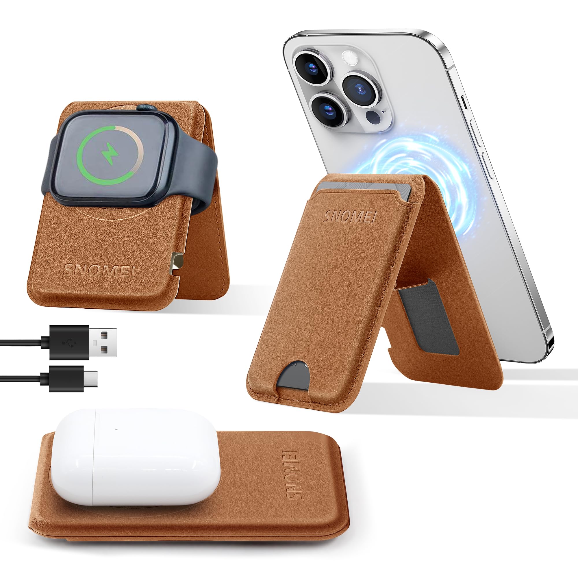 Supporto per caricabatterie wireless magnetico pieghevole compatibile con iPhone 16/15/14/13/12, Apple Watch, AirPods, pelle [PU] Supporto per cellulare a ricarica rapida wireless con porta carte