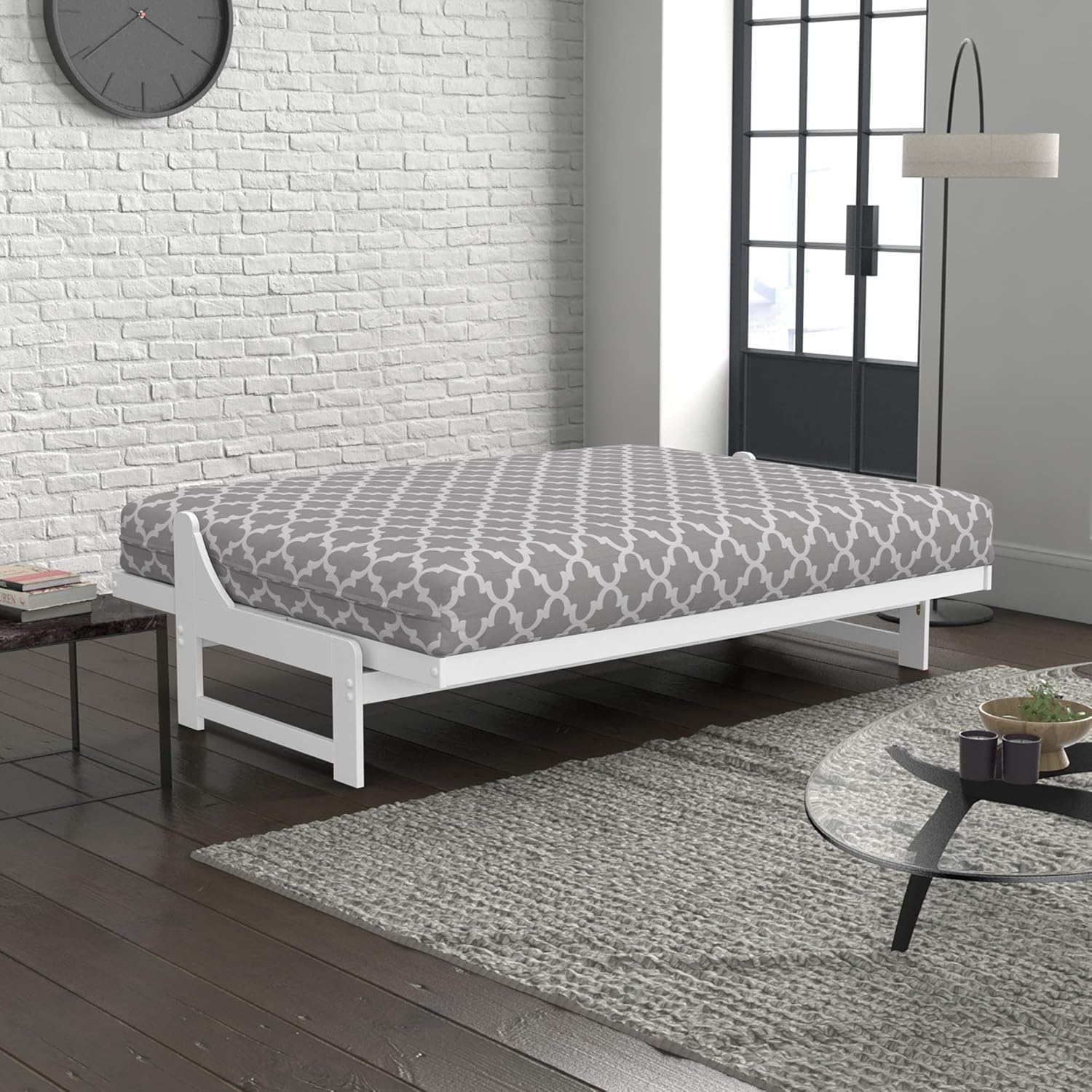 Nirvana Futons Nico Urban Loft Sleeper Sofa Collection Full Size White Armless Arden Futon Frame, Mattress and Fynn Futon Cover Set