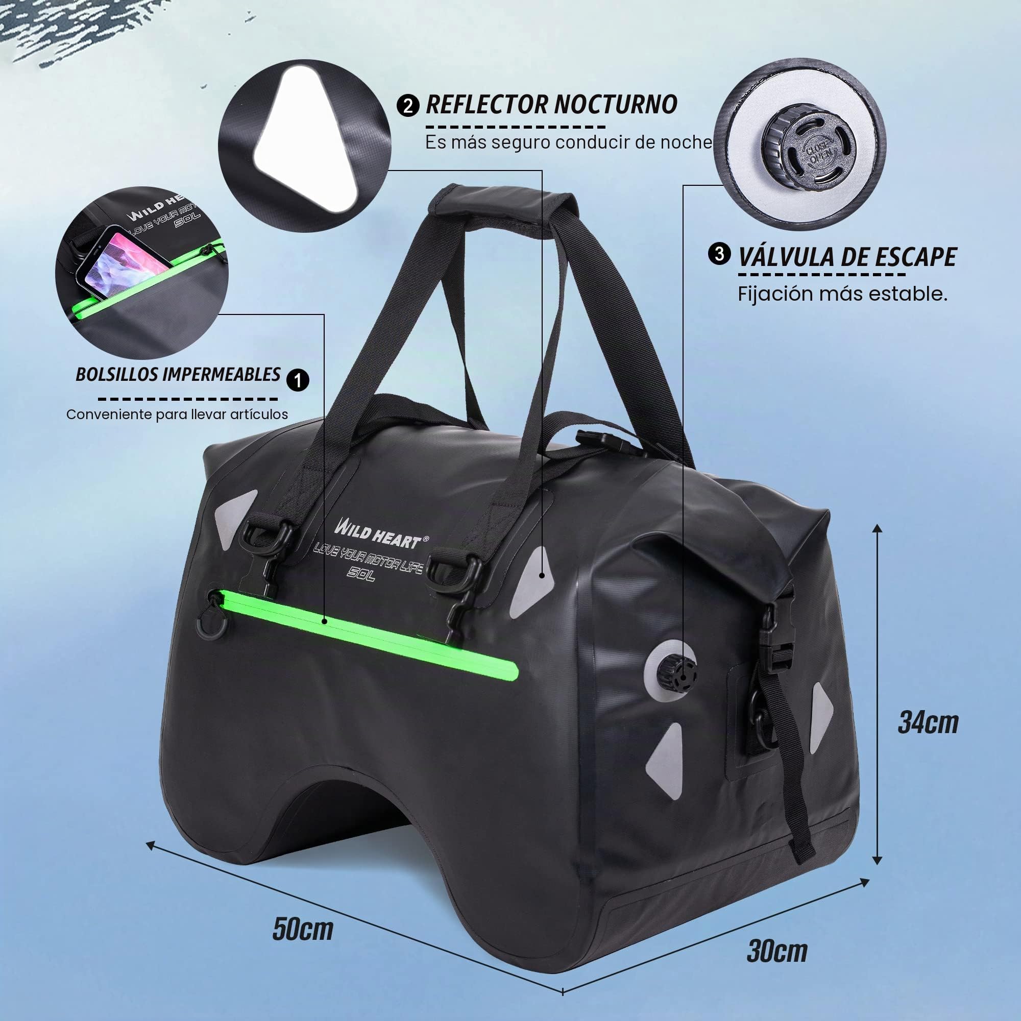 WILD HEART Bolsa de Asiento Trasero de Motocicleta en Forma de U 50L Impermeable Cola Bolsa de Lona Equipaje de Moto con Correa (Negro)